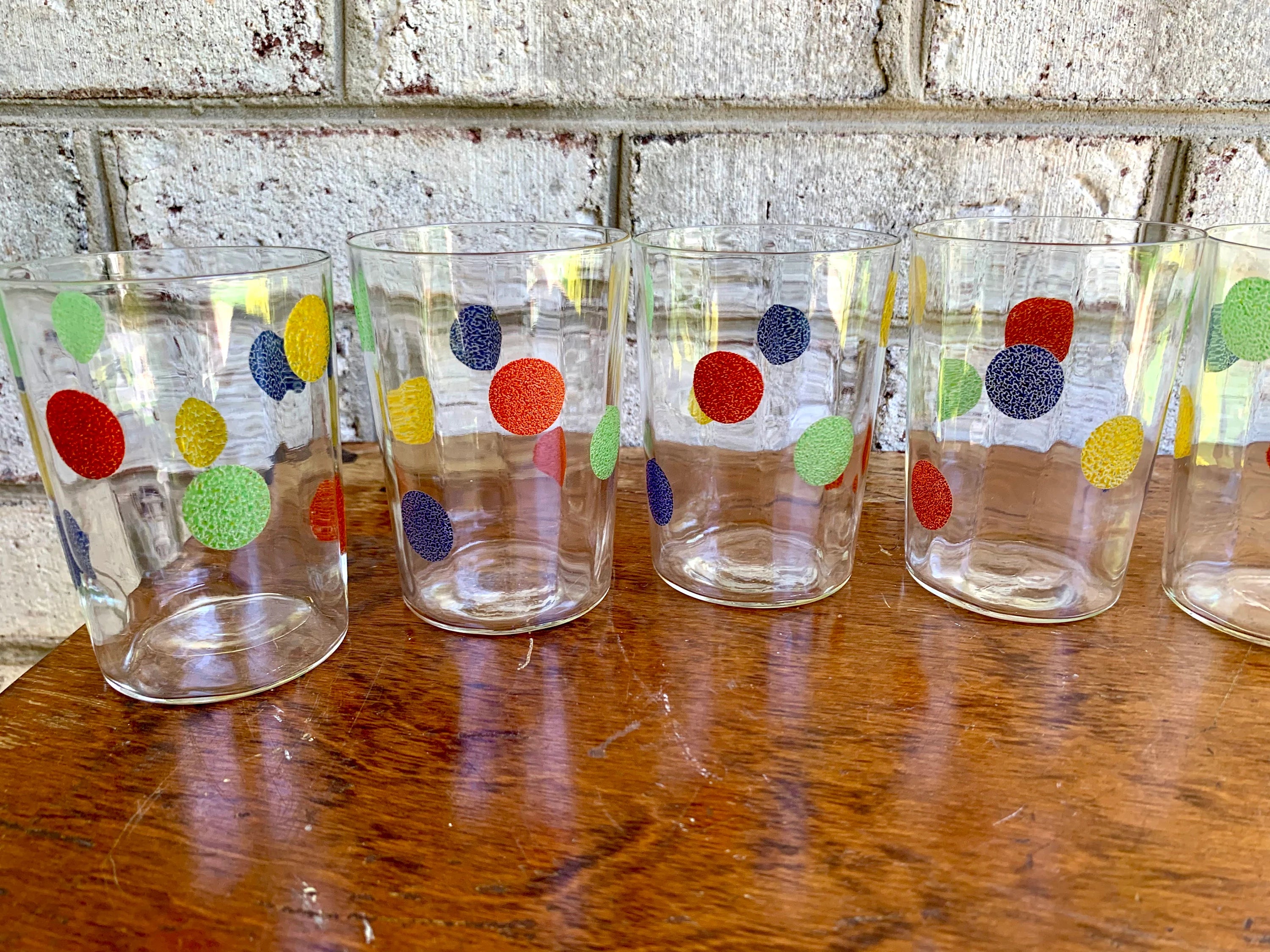 Vintage Set of 6 MCM Polka Dot Drinking Glasses | Multi Colored Polka Dot Glasses | Thin Glass Polka Dot Juice Glasses