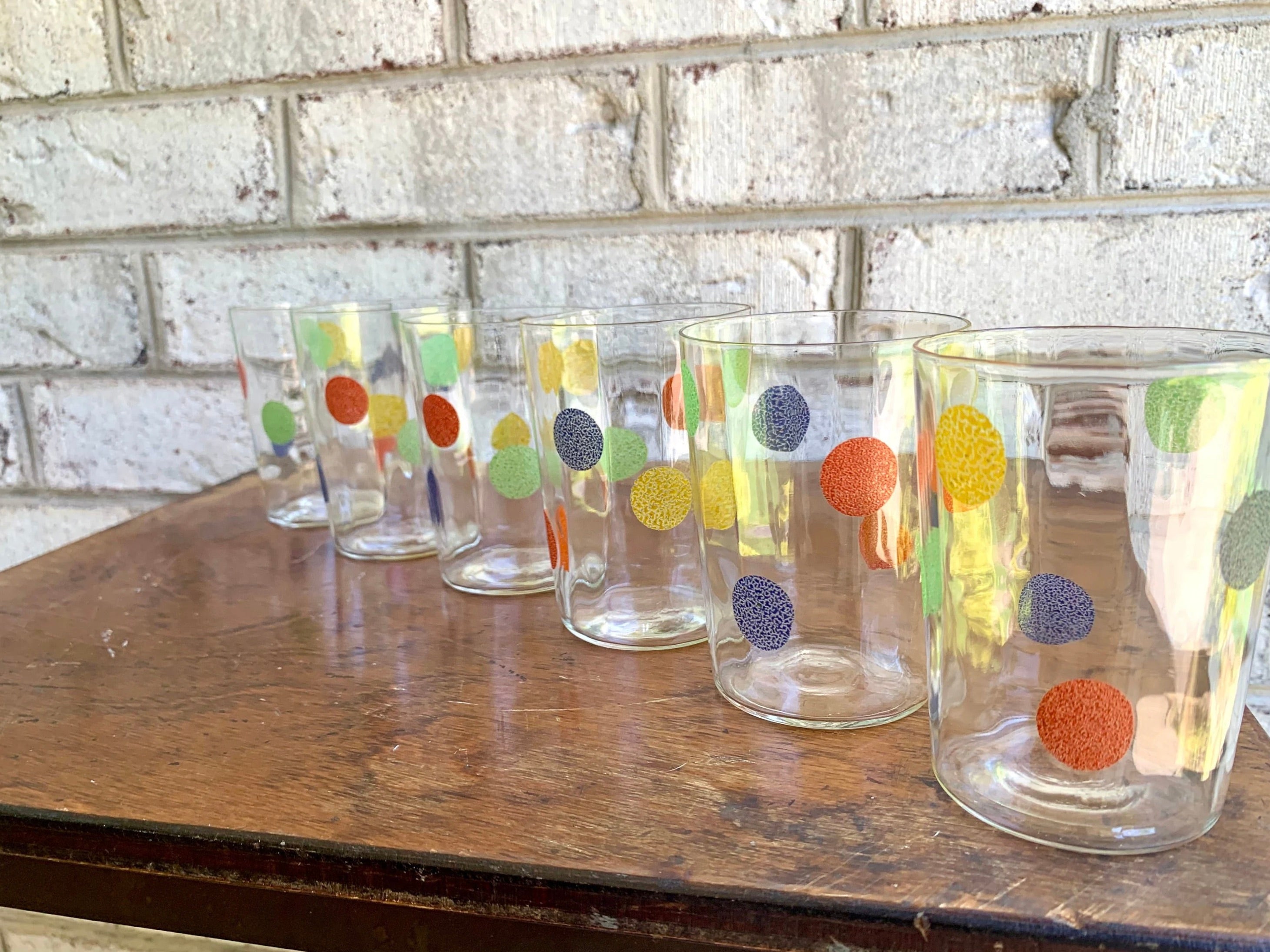 Vintage Set of 6 MCM Polka Dot Drinking Glasses | Multi Colored Polka Dot Glasses | Thin Glass Polka Dot Juice Glasses
