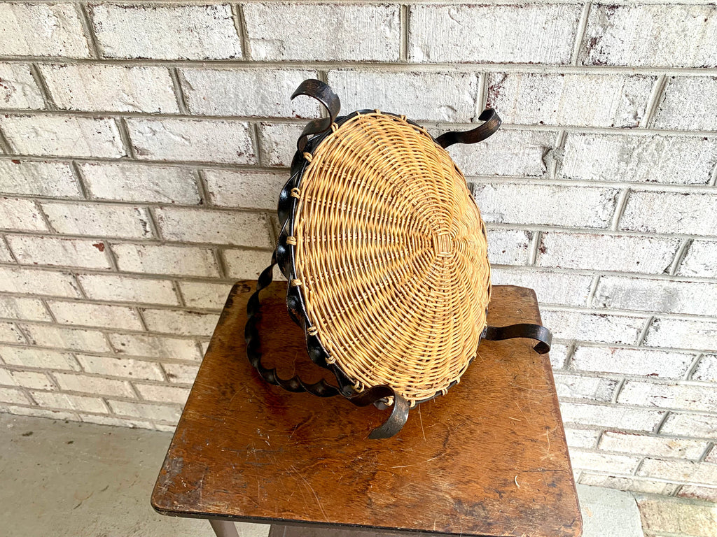 70s Wrought Iron Basket | Twisted Metal Wicker Basket Pie Plate | Rattan Fruit Basket | Decorative Woven Basket Pie Server or Fruit Basket