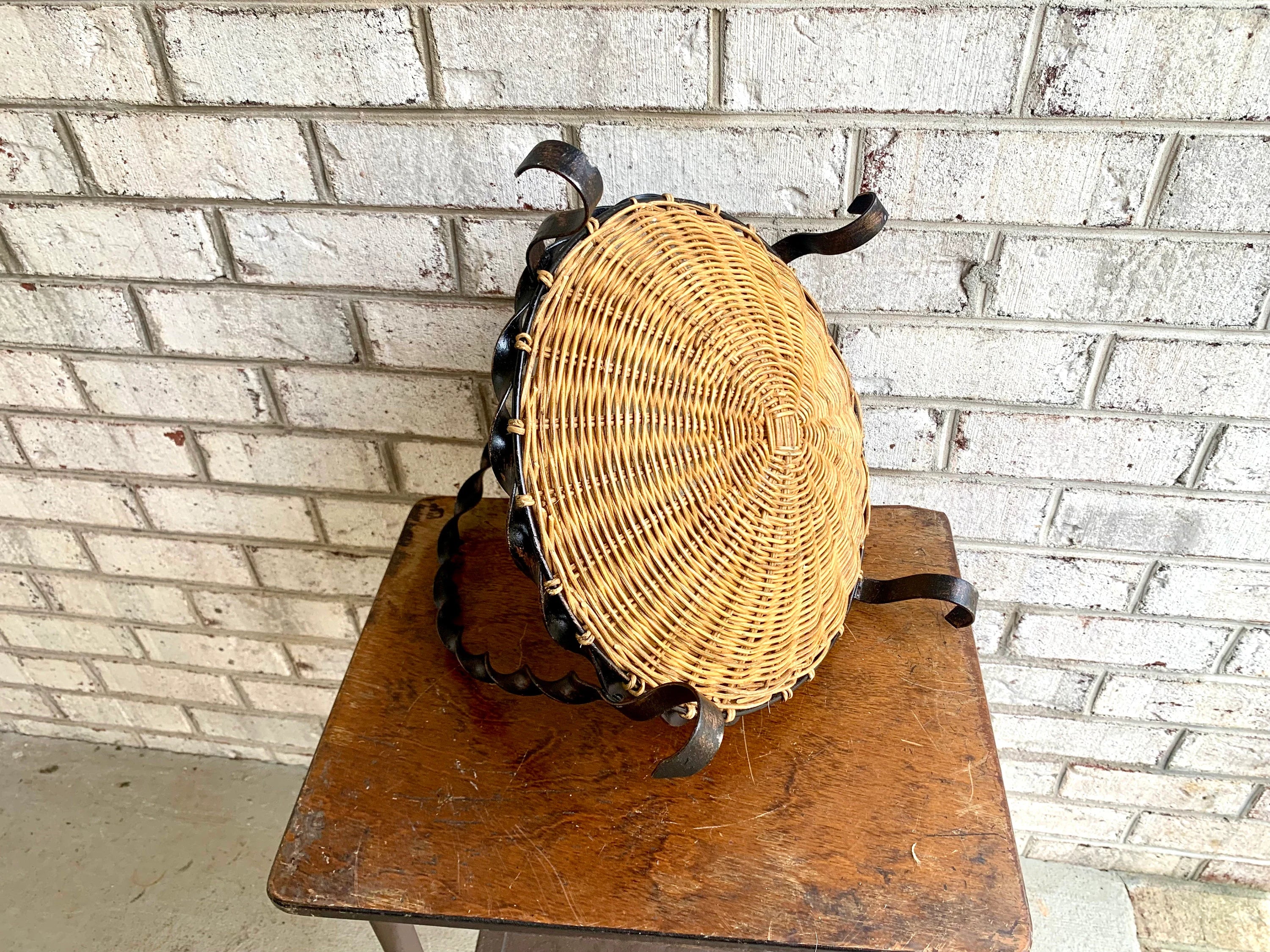 70s Wrought Iron Basket | Twisted Metal Wicker Basket Pie Plate | Rattan Fruit Basket | Decorative Woven Basket Pie Server or Fruit Basket
