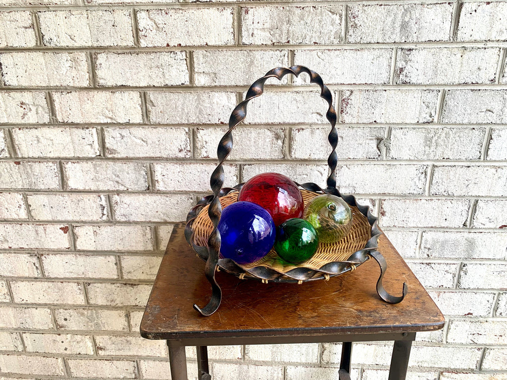 70s Wrought Iron Basket | Twisted Metal Wicker Basket Pie Plate | Rattan Fruit Basket | Decorative Woven Basket Pie Server or Fruit Basket