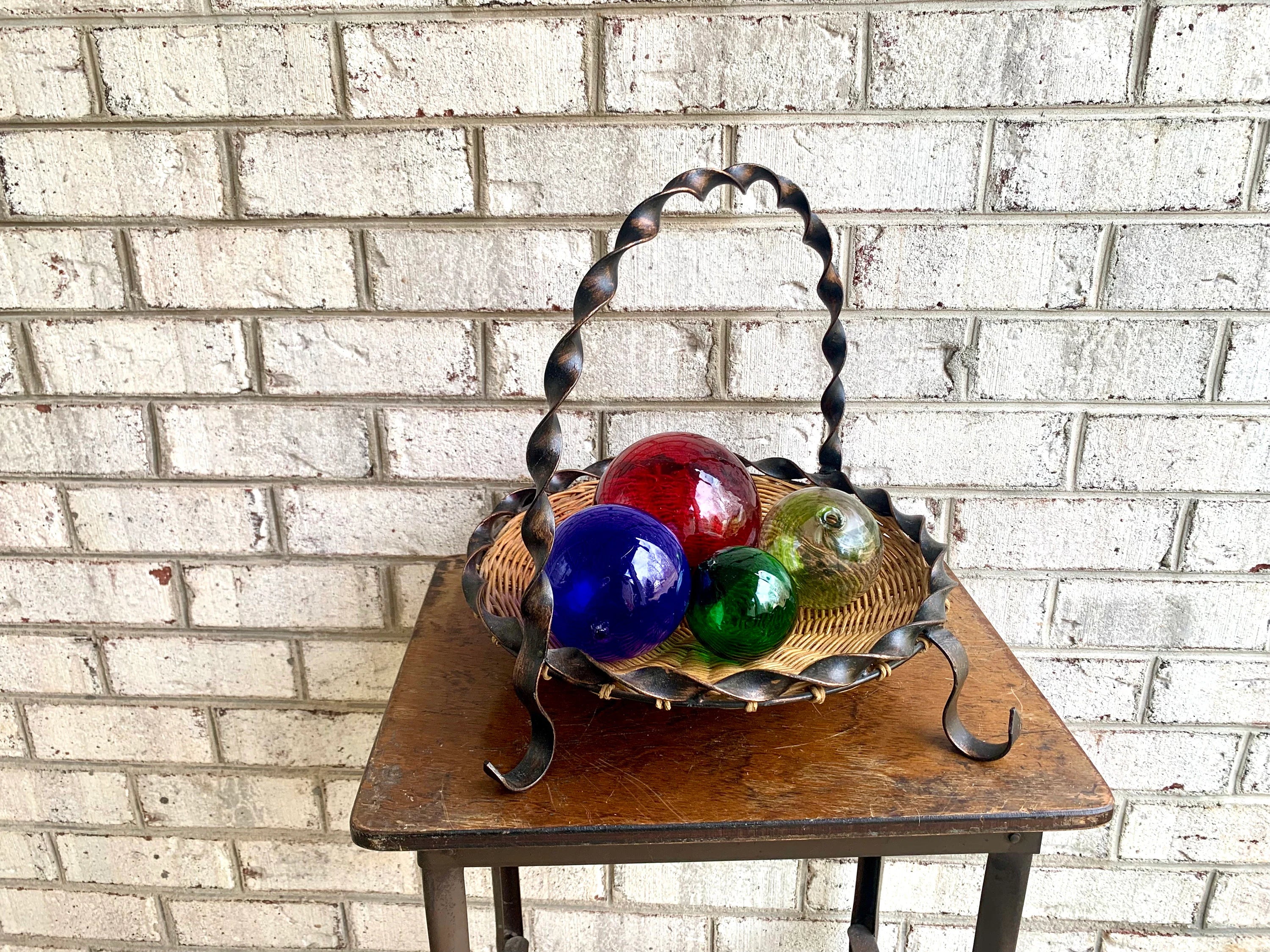 70s Wrought Iron Basket | Twisted Metal Wicker Basket Pie Plate | Rattan Fruit Basket | Decorative Woven Basket Pie Server or Fruit Basket