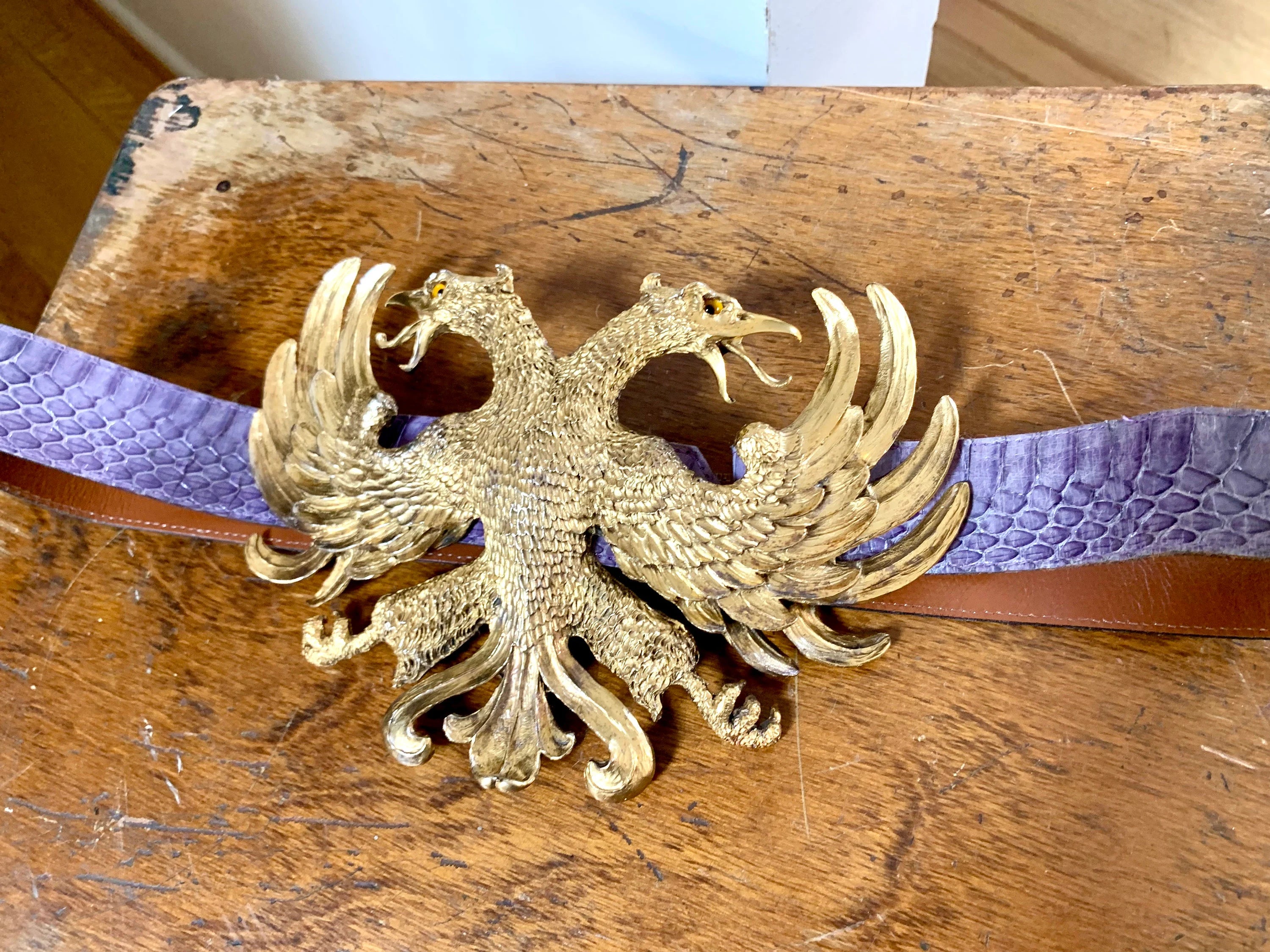 1983 Christopher Ross Eagle Belt Buckle | 24k Gold Plated Massive Belt Buckle and Purple Snake Skin Belt| Gold Eagle Statement Piece