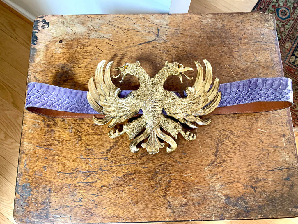 1983 Christopher Ross Eagle Belt Buckle | 24k Gold Plated Massive Belt Buckle and Purple Snake Skin Belt| Gold Eagle Statement Piece