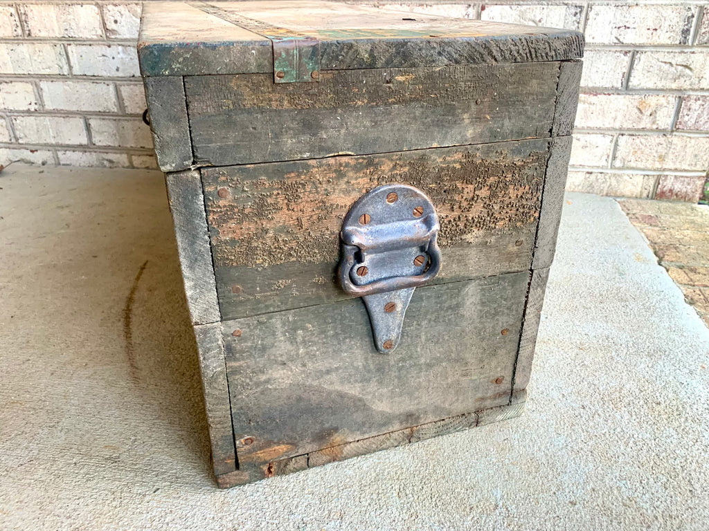 Vintage Wood Carpenter's Tool Chest | Distressed Wood Tool Trunk | Rustic Green Wood Tool Box and Level | Rustic Coffee Table