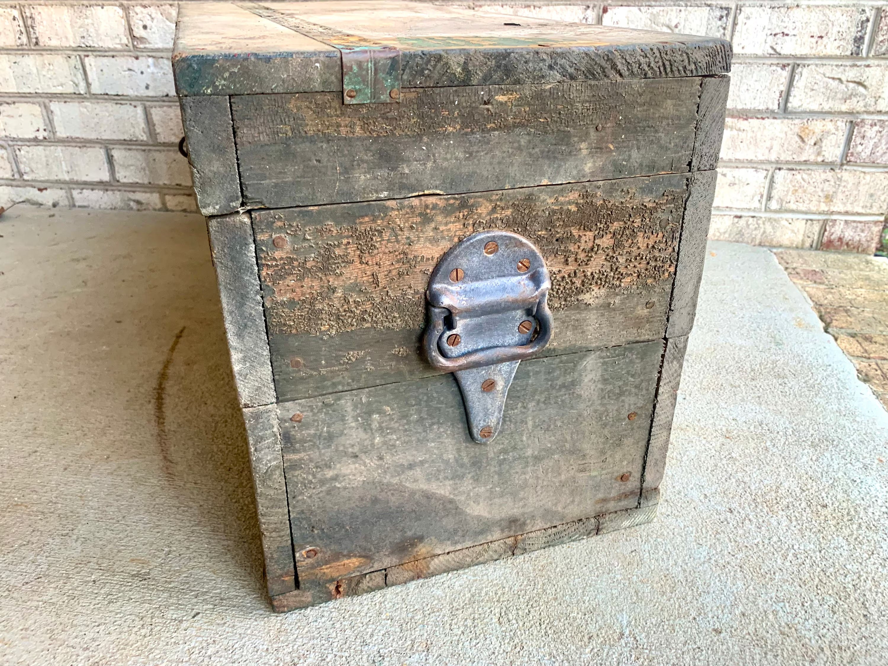 Vintage Wood Carpenter's Tool Chest | Distressed Wood Tool Trunk | Rustic Green Wood Tool Box and Level | Rustic Coffee Table