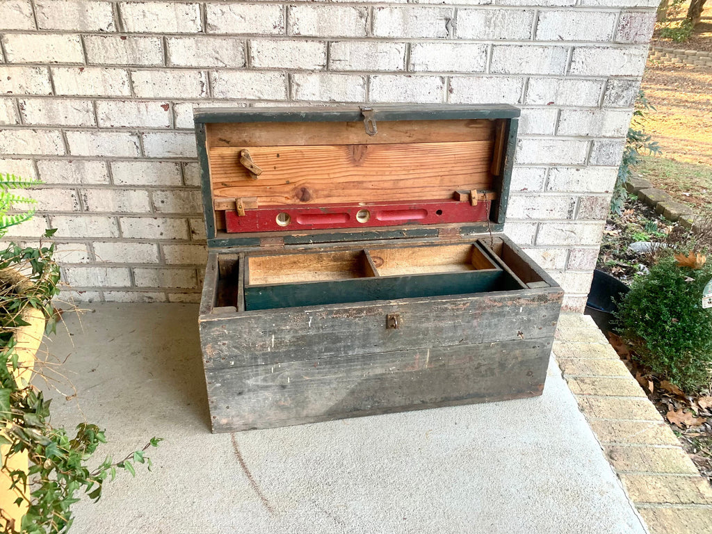 Vintage Wood Carpenter's Tool Chest | Distressed Wood Tool Trunk | Rustic Green Wood Tool Box and Level | Rustic Coffee Table