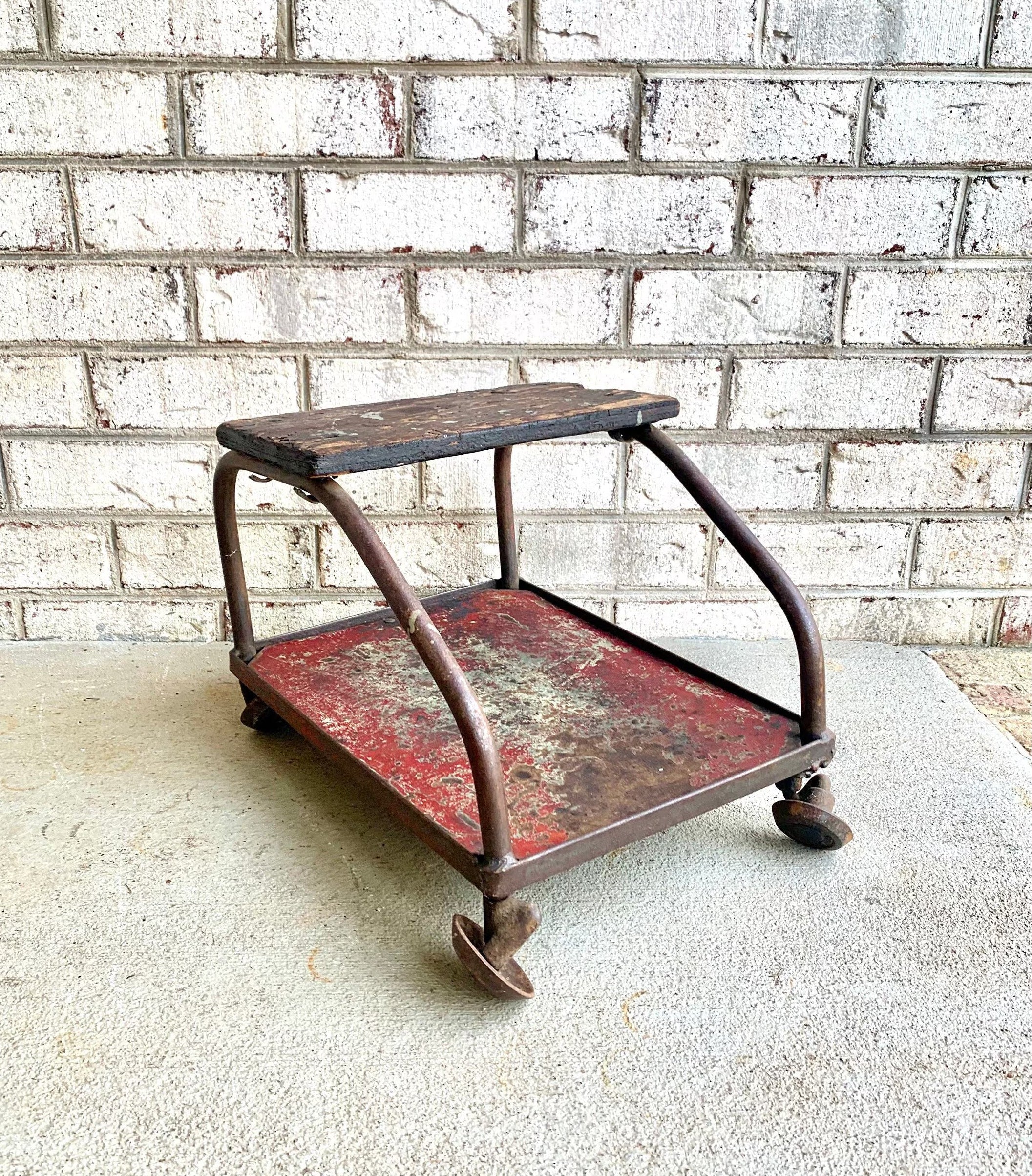 Vintage Distressed Metal Mechanics Stool | Industrial Automotive Rolling Stool | Rustic Metal Wall Decor | Red Distressed Metal Plant Stand