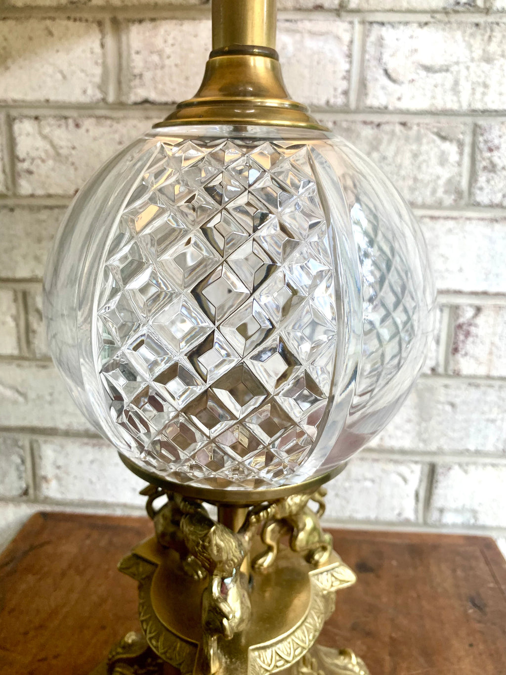 Vintage Brass and Cut Glass Lamp | Brass Lions and Glass Globe Lamp | Hollywood Regency Table Lamp