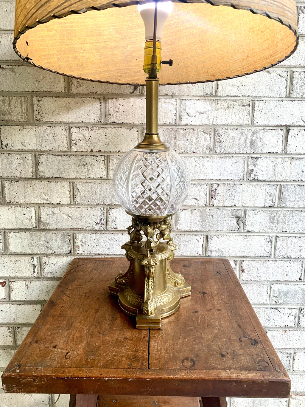 Vintage Brass and Cut Glass Lamp | Brass Lions and Glass Globe Lamp | Hollywood Regency Table Lamp