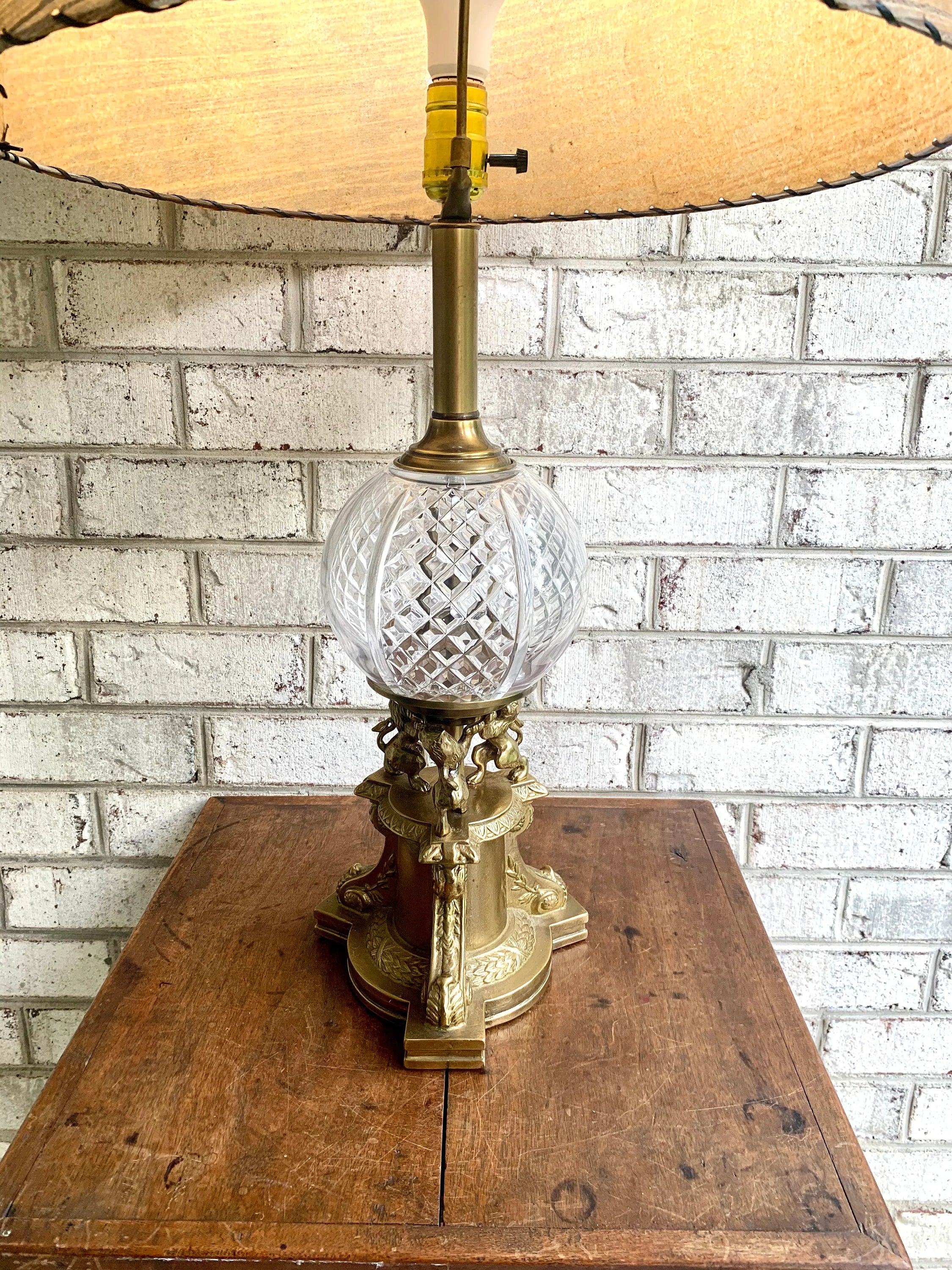 Vintage Brass and Cut Glass Lamp | Brass Lions and Glass Globe Lamp | Hollywood Regency Table Lamp