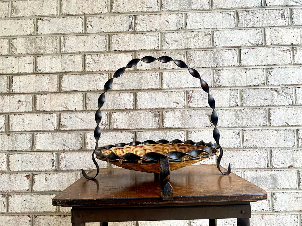 70s Wrought Iron Basket | Twisted Metal Wicker Basket Pie Plate | Rattan Fruit Basket | Decorative Woven Basket Pie Server or Fruit Basket