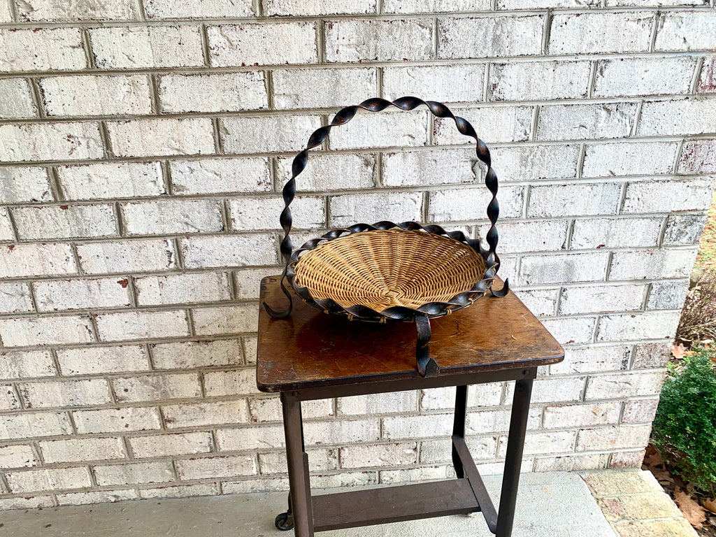 70s Wrought Iron Basket | Twisted Metal Wicker Basket Pie Plate | Rattan Fruit Basket | Decorative Woven Basket Pie Server or Fruit Basket