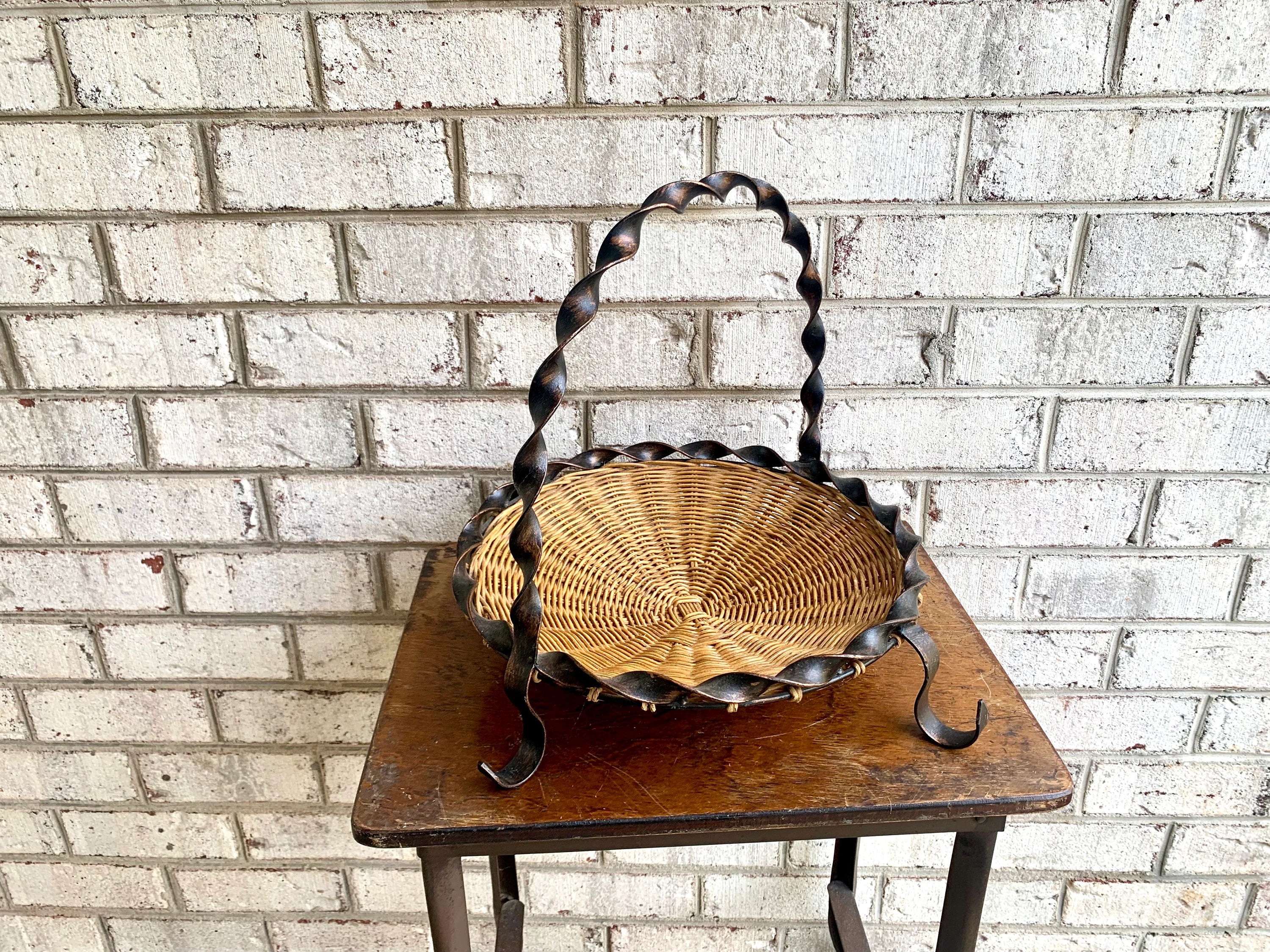 70s Wrought Iron Basket | Twisted Metal Wicker Basket Pie Plate | Rattan Fruit Basket | Decorative Woven Basket Pie Server or Fruit Basket