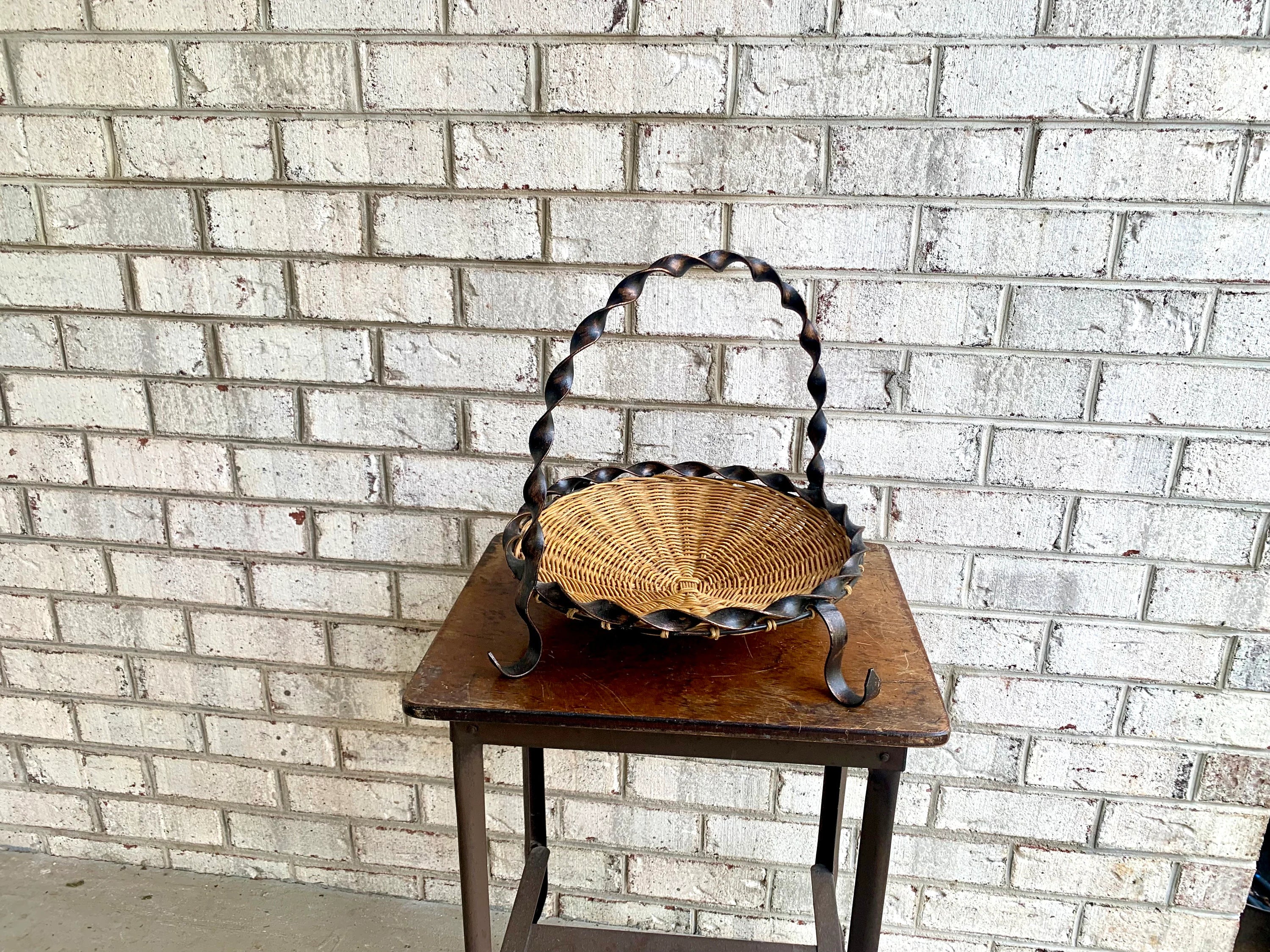 70s Wrought Iron Basket | Twisted Metal Wicker Basket Pie Plate | Rattan Fruit Basket | Decorative Woven Basket Pie Server or Fruit Basket