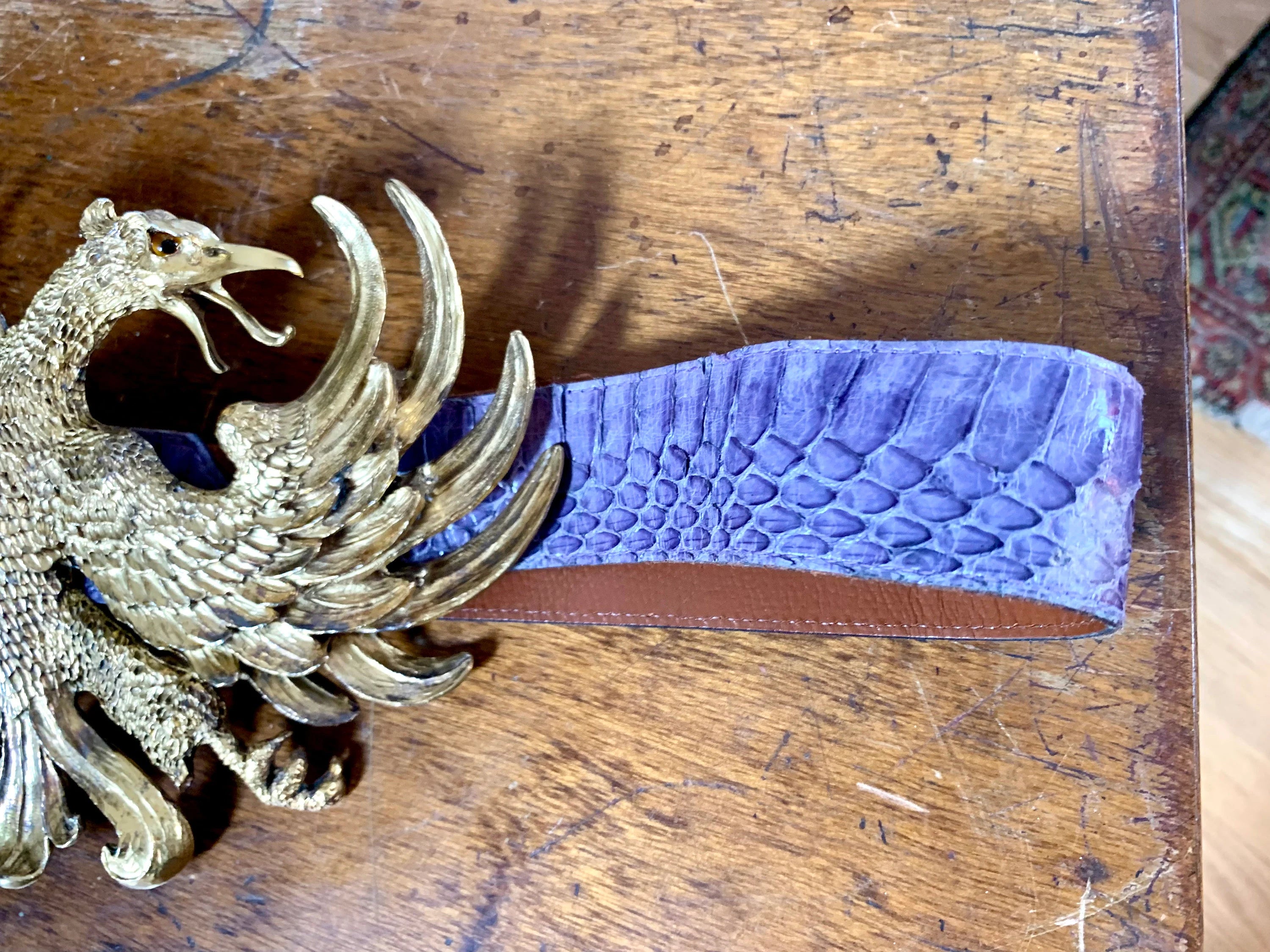 1983 Christopher Ross Eagle Belt Buckle | 24k Gold Plated Massive Belt Buckle and Purple Snake Skin Belt| Gold Eagle Statement Piece