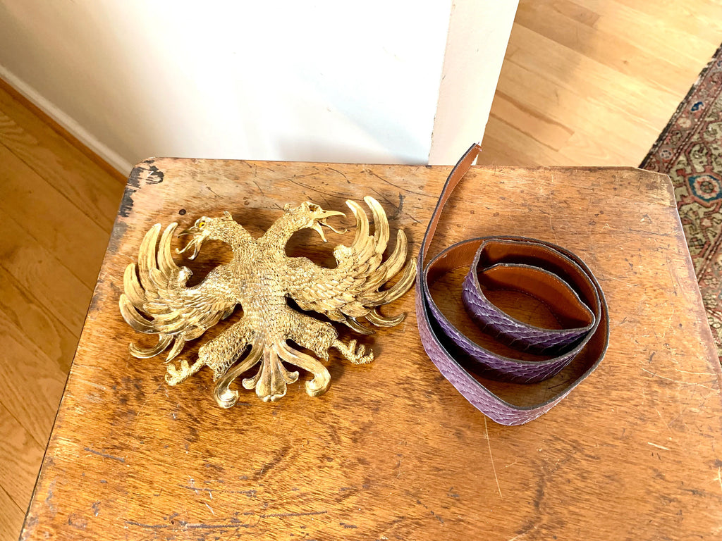 1983 Christopher Ross Eagle Belt Buckle | 24k Gold Plated Massive Belt Buckle and Purple Snake Skin Belt| Gold Eagle Statement Piece