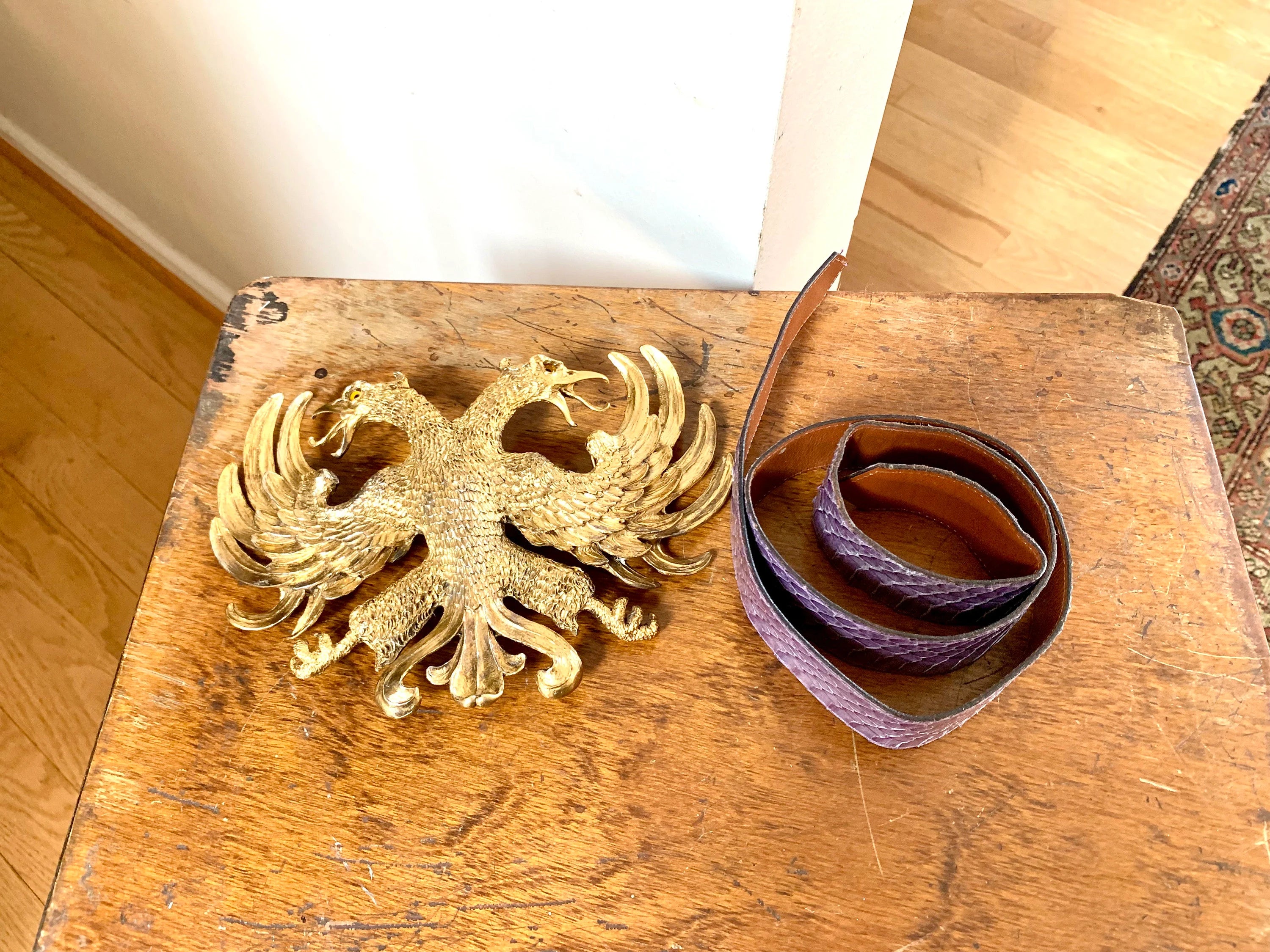 1983 Christopher Ross Eagle Belt Buckle | 24k Gold Plated Massive Belt Buckle and Purple Snake Skin Belt| Gold Eagle Statement Piece