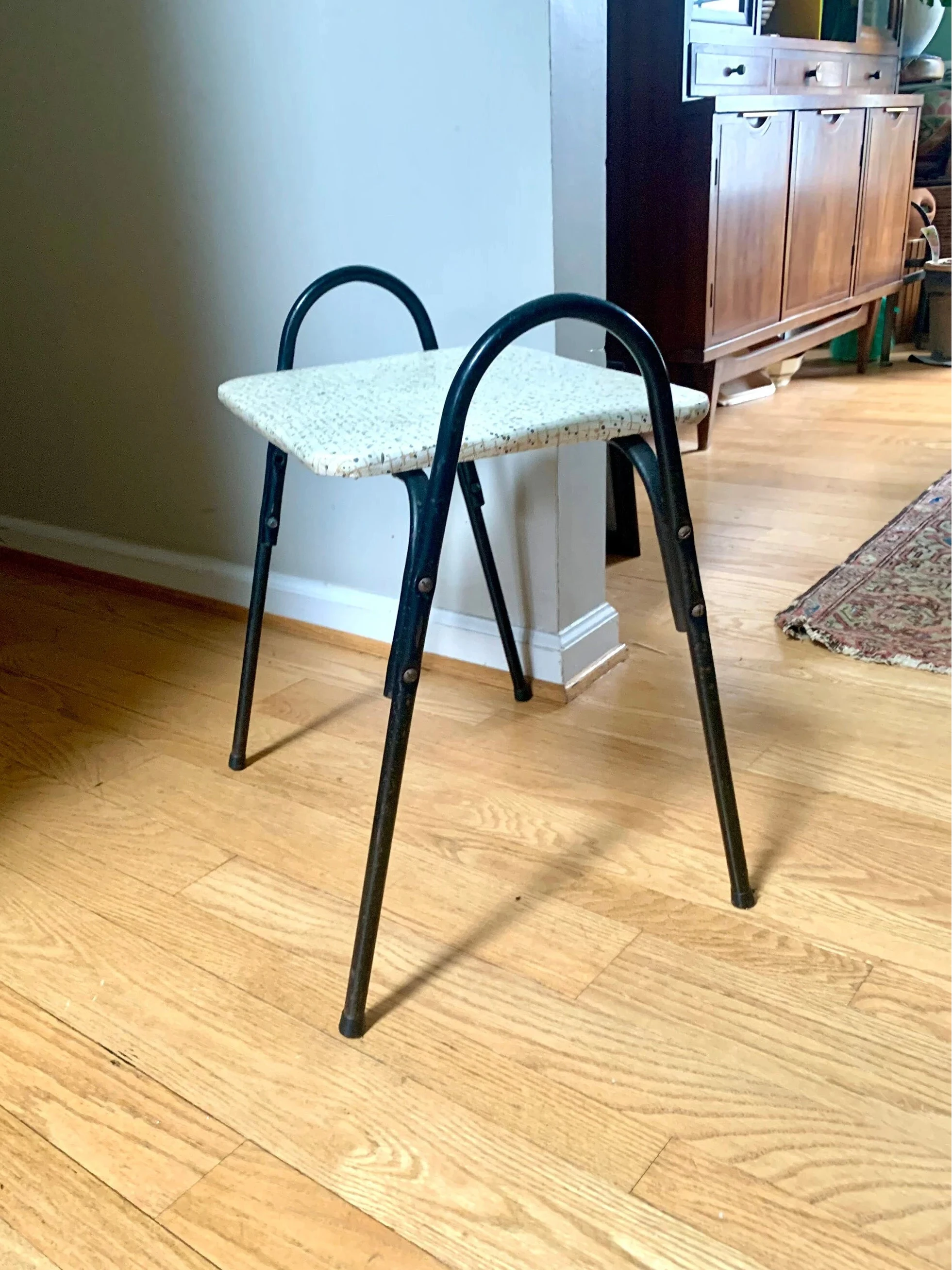 MCM Vinyl Stool | Vintage MCM Foot Stool | Rustic Black Metal Stool | Vintage Kitchen Stool