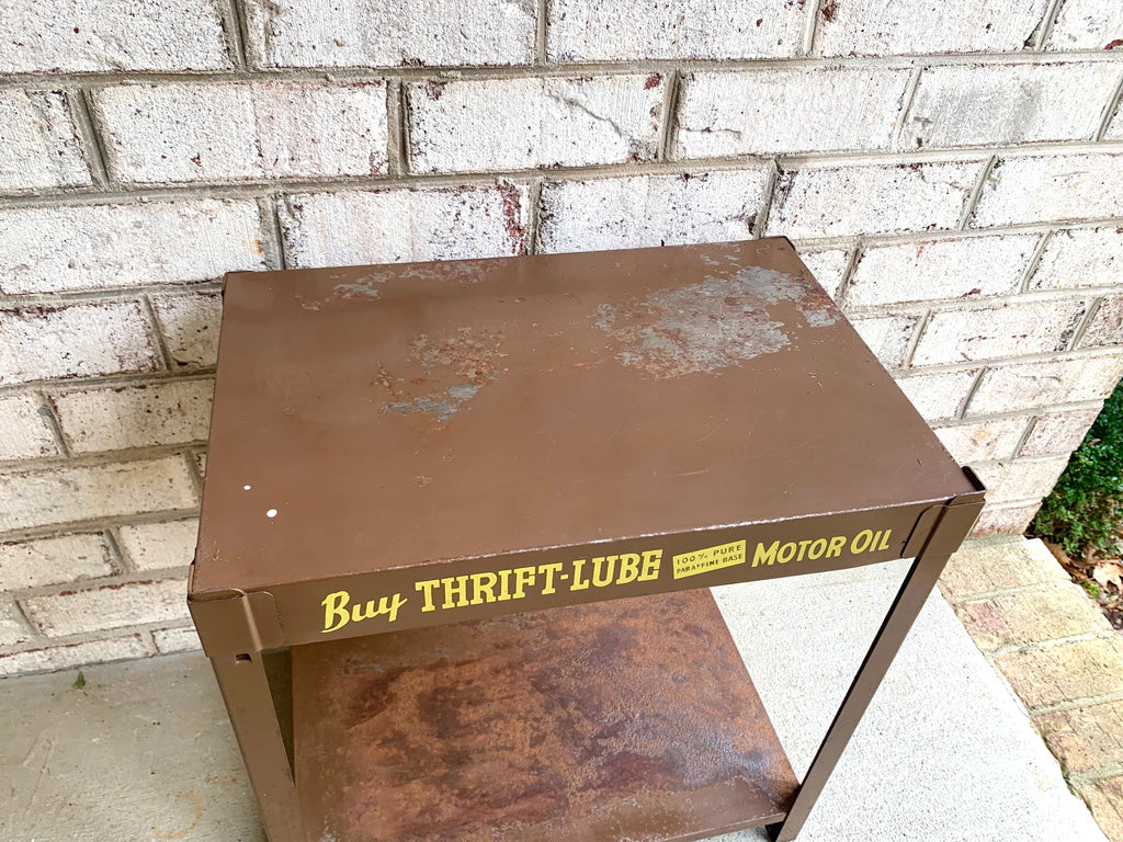 Metal Oil Advertisement Stand | Vintage Metal Thrift Oil Display Stand | Rustic Brown Oil Display Stand | Gas Station Oil Display