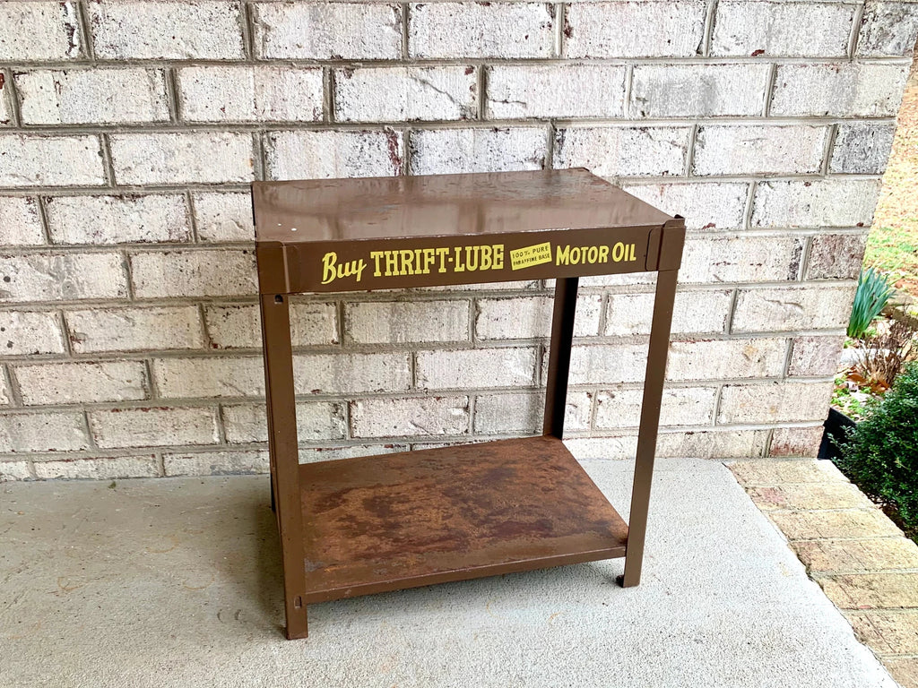 Metal Oil Advertisement Stand | Vintage Metal Thrift Oil Display Stand | Rustic Brown Oil Display Stand | Gas Station Oil Display