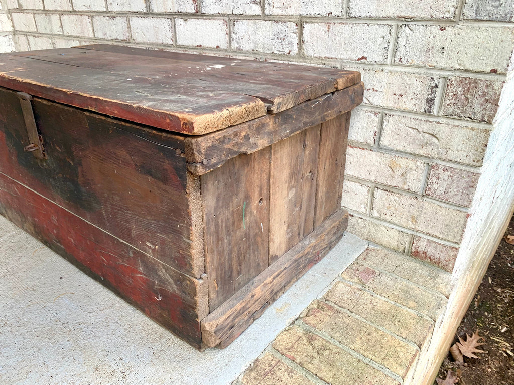 Antique Wood Carpenter's Tool Chest | Distressed Wood Tool Trunk | Rustic Red Wood Box | Rustic Coffee Table | Rustic Storage | Rustic Decor