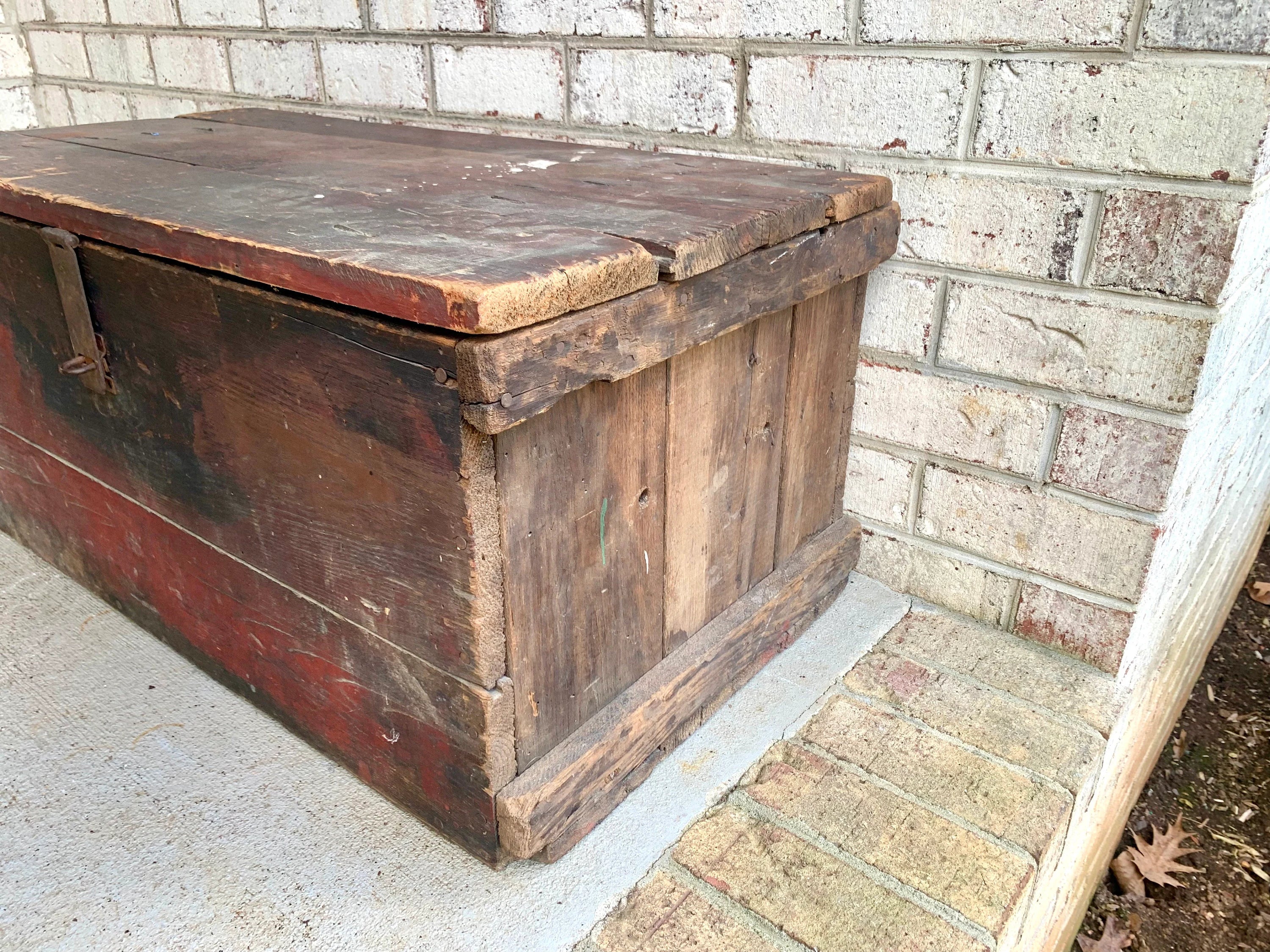 Antique Wood Carpenter's Tool Chest | Distressed Wood Tool Trunk | Rustic Red Wood Box | Rustic Coffee Table | Rustic Storage | Rustic Decor