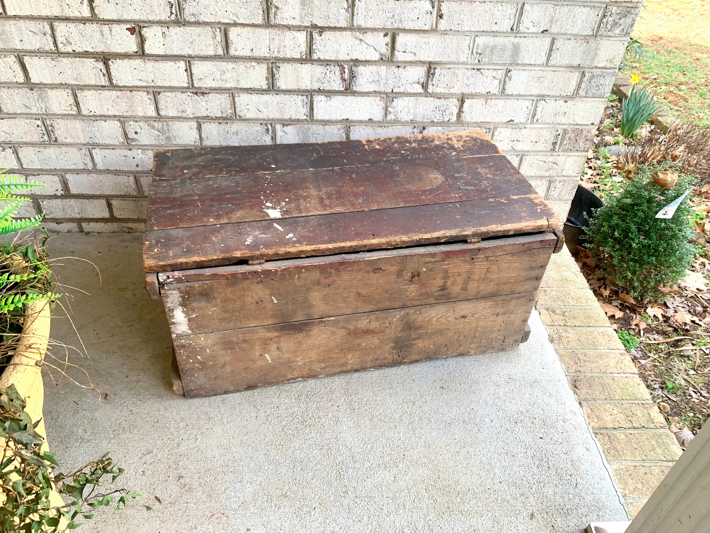 Antique Wood Carpenter's Tool Chest | Distressed Wood Tool Trunk | Rustic Red Wood Box | Rustic Coffee Table | Rustic Storage | Rustic Decor