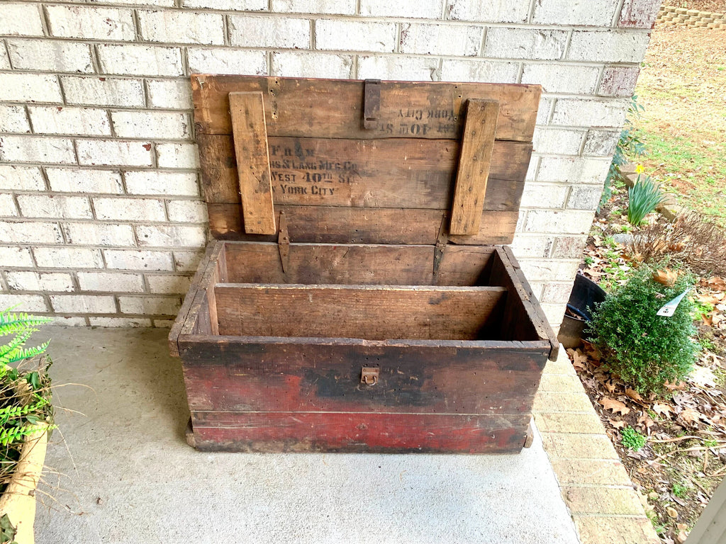 Antique Wood Carpenter's Tool Chest | Distressed Wood Tool Trunk | Rustic Red Wood Box | Rustic Coffee Table | Rustic Storage | Rustic Decor