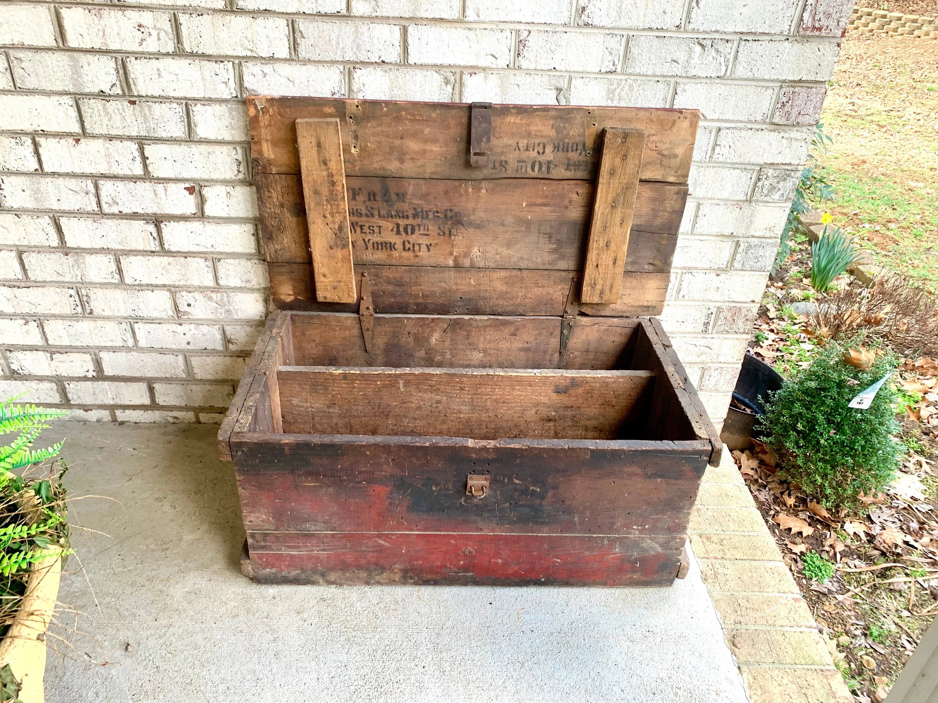Antique Wood Carpenter's Tool Chest | Distressed Wood Tool Trunk | Rustic Red Wood Box | Rustic Coffee Table | Rustic Storage | Rustic Decor