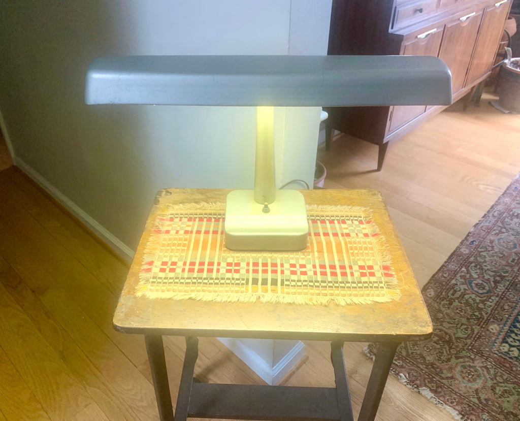 Metal Banker's Desk Lamp | Gray Metal Desk Lamp | Vintage Metal Shade Fluorescent Lamp | Art Deco Metal Desk Lamp | Metal Bankers Lamp
