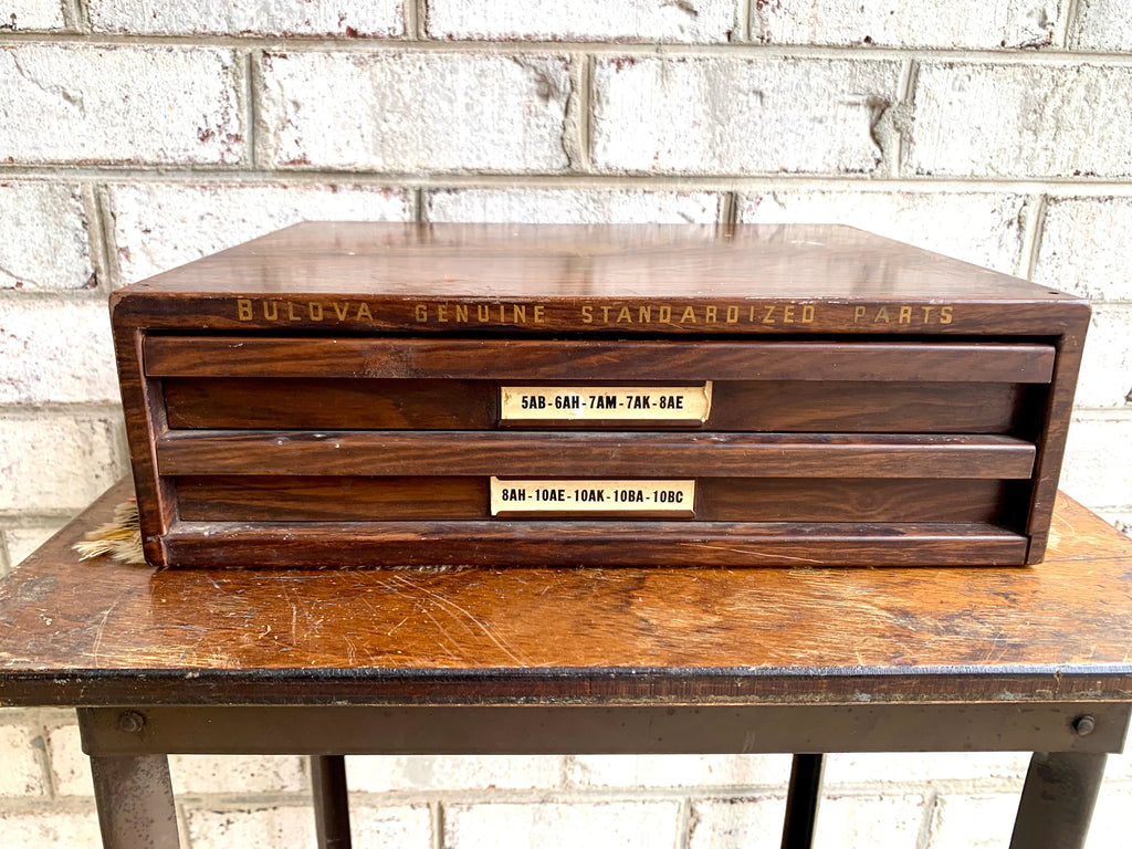 Bulova Repair-Master Cabinet With Contents | Vintage 2 Drawer Bulova Watch Repair Parts and Cabinet | Faux Woodgrain Bulova Parts Cabinet