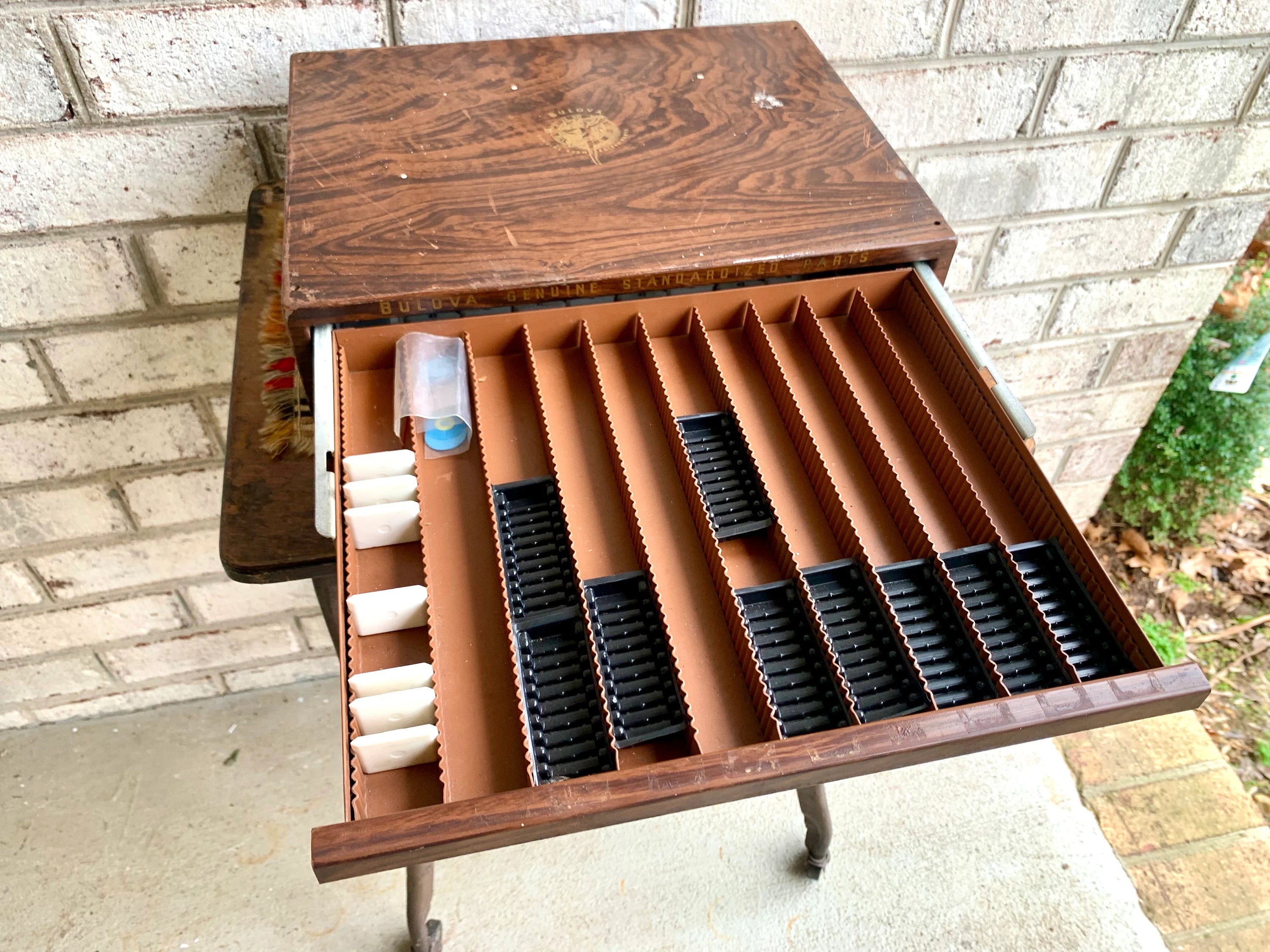 Bulova Repair-Master Cabinet With Contents | Vintage 2 Drawer Bulova Watch Repair Parts and Cabinet | Faux Woodgrain Bulova Parts Cabinet