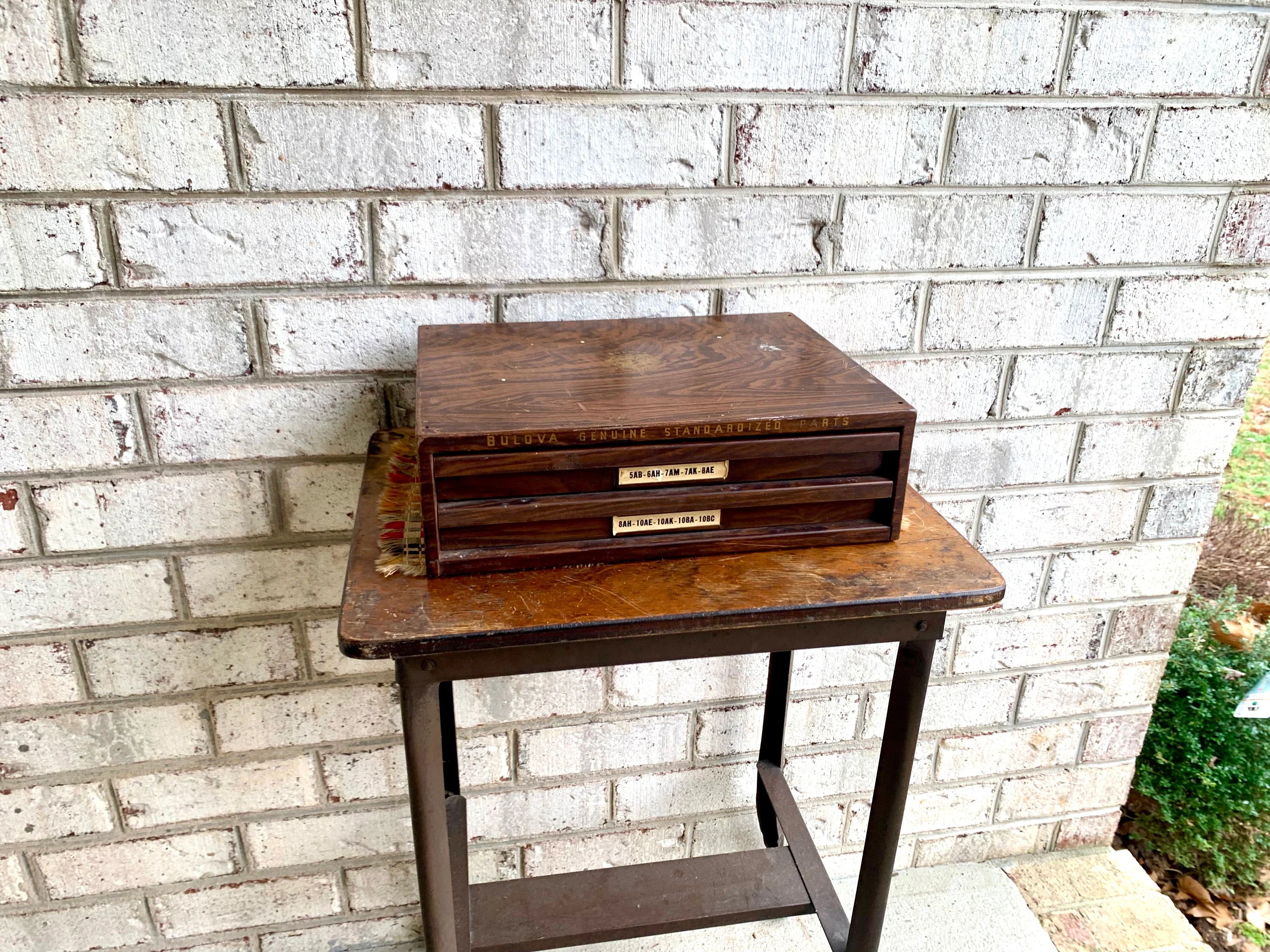 Bulova Repair-Master Cabinet With Contents | Vintage 2 Drawer Bulova Watch Repair Parts and Cabinet | Faux Woodgrain Bulova Parts Cabinet