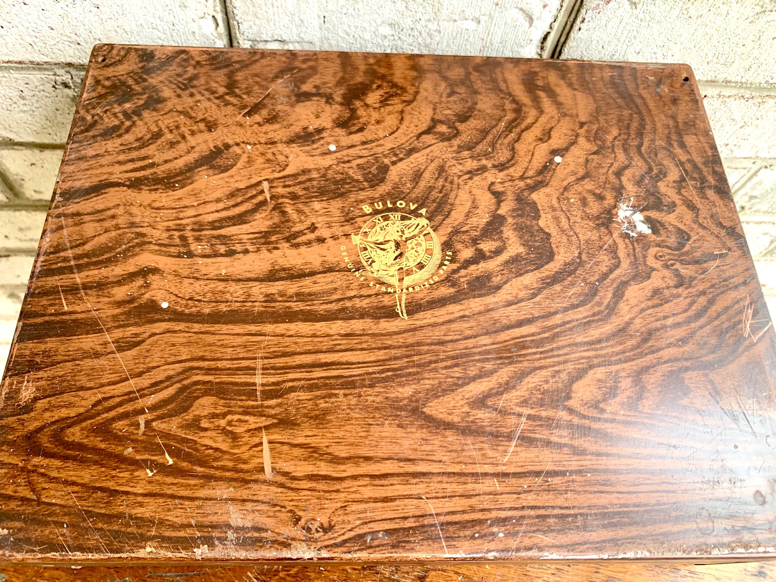 Bulova Repair-Master Cabinet With Contents | Vintage 2 Drawer Bulova Watch Repair Parts and Cabinet | Faux Woodgrain Bulova Parts Cabinet