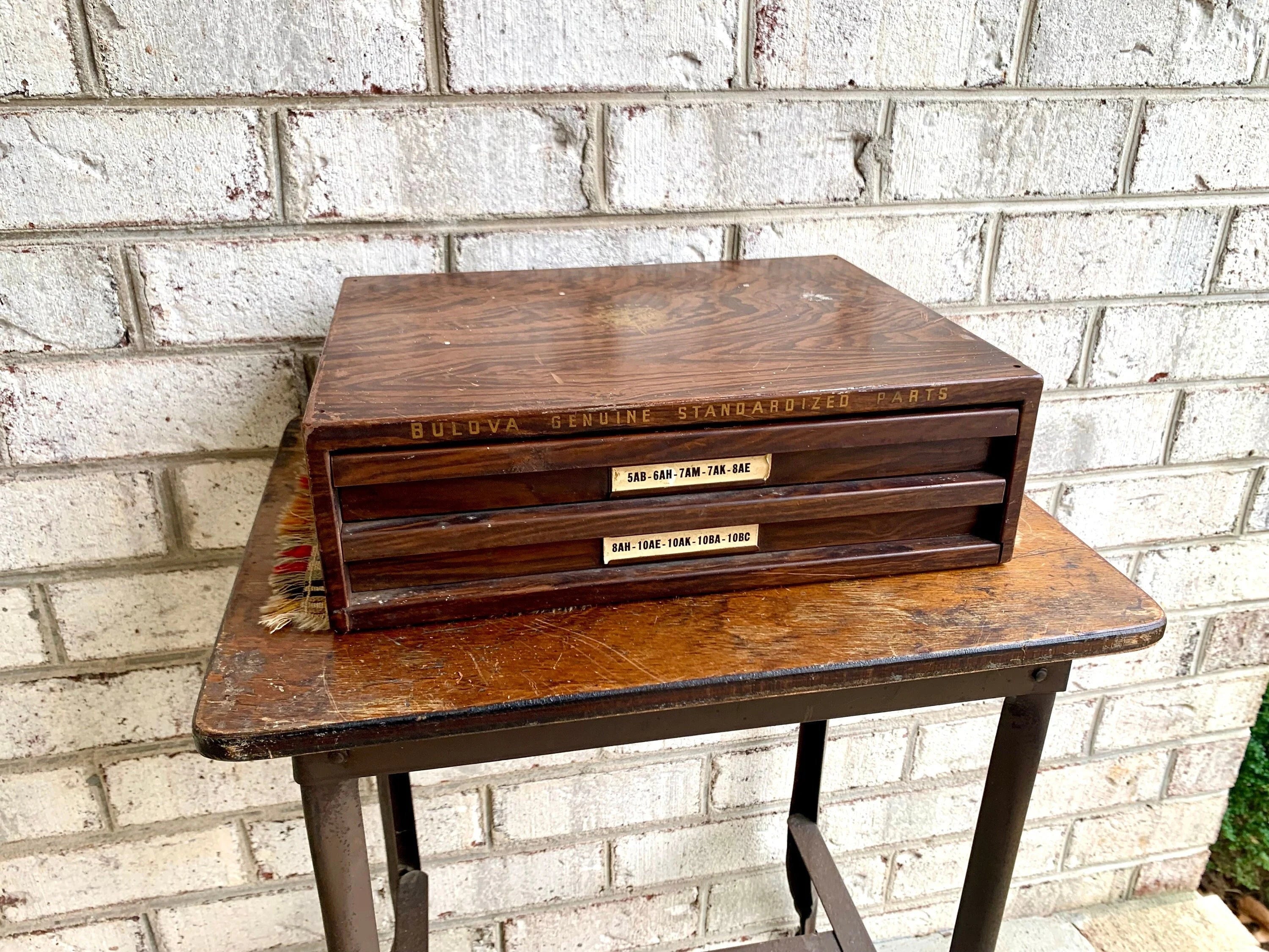 Bulova Repair-Master Cabinet With Contents | Vintage 2 Drawer Bulova Watch Repair Parts and Cabinet | Faux Woodgrain Bulova Parts Cabinet