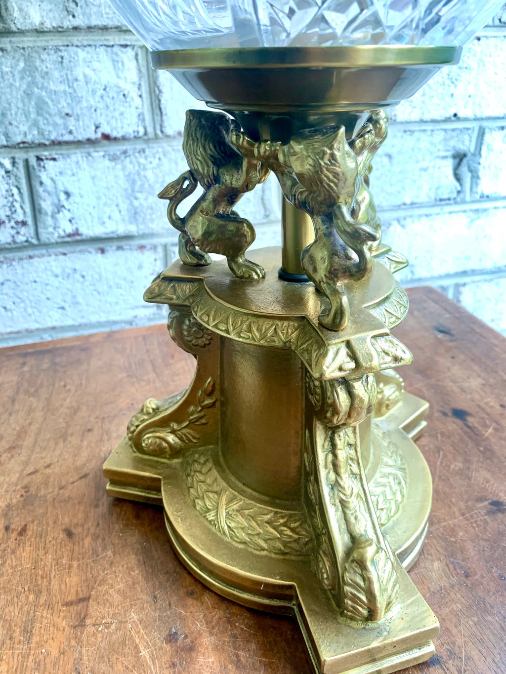 Vintage Brass and Cut Glass Lamp | Brass Lions and Glass Globe Lamp | Hollywood Regency Table Lamp