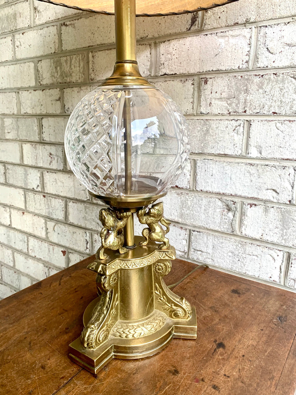 Vintage Brass and Cut Glass Lamp | Brass Lions and Glass Globe Lamp | Hollywood Regency Table Lamp