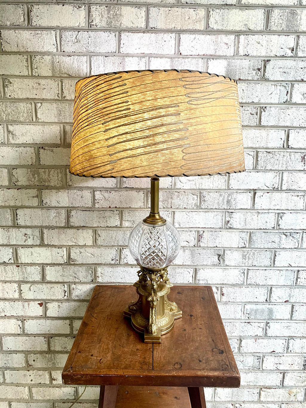 Vintage Brass and Cut Glass Lamp | Brass Lions and Glass Globe Lamp | Hollywood Regency Table Lamp