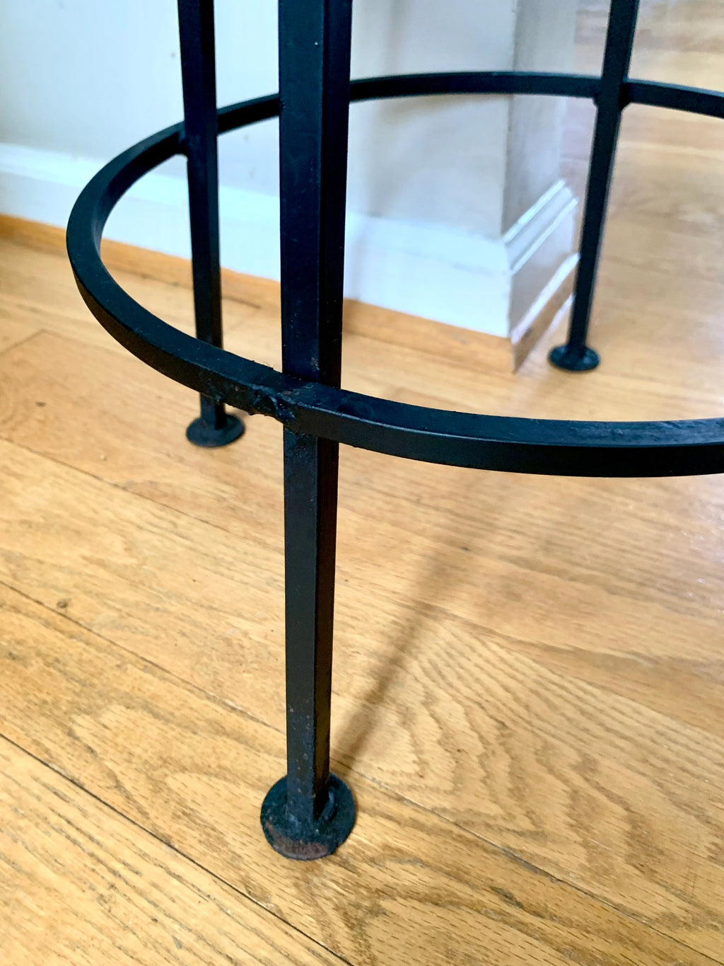 Vtg Black Metal Stool | Round Vinyl Top Metal Stool | Short Metal Stool | Rustic Stool | Black Industrial Stool | MCM Metal Stool