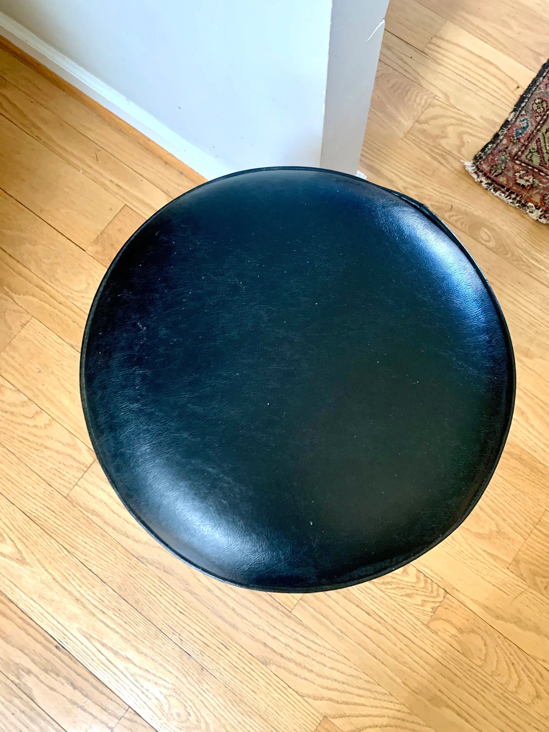 Vtg Black Metal Stool | Round Vinyl Top Metal Stool | Short Metal Stool | Rustic Stool | Black Industrial Stool | MCM Metal Stool