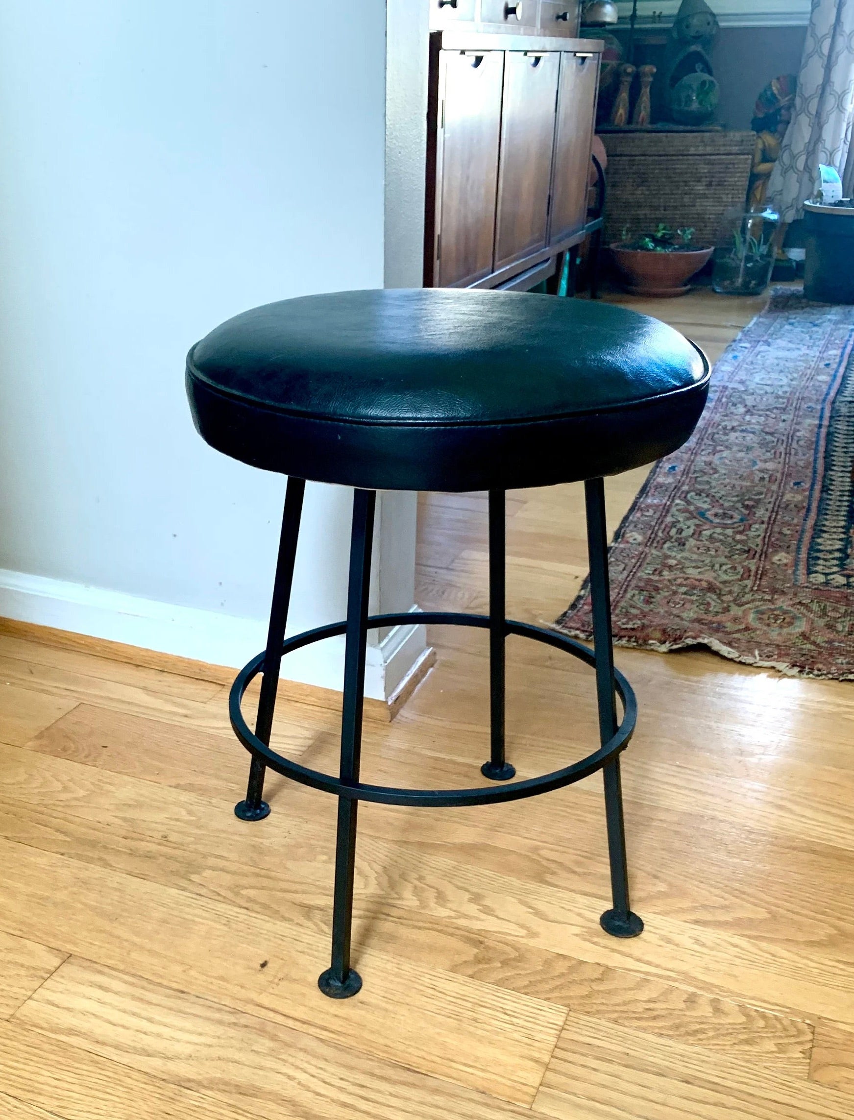 Vtg Black Metal Stool | Round Vinyl Top Metal Stool | Short Metal Stool | Rustic Stool | Black Industrial Stool | MCM Metal Stool