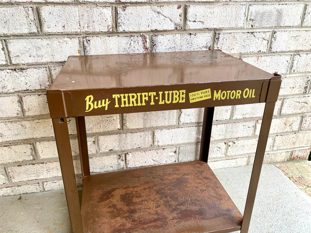 Metal Oil Advertisement Stand | Vintage Metal Thrift Oil Display Stand | Rustic Brown Oil Display Stand | Gas Station Oil Display