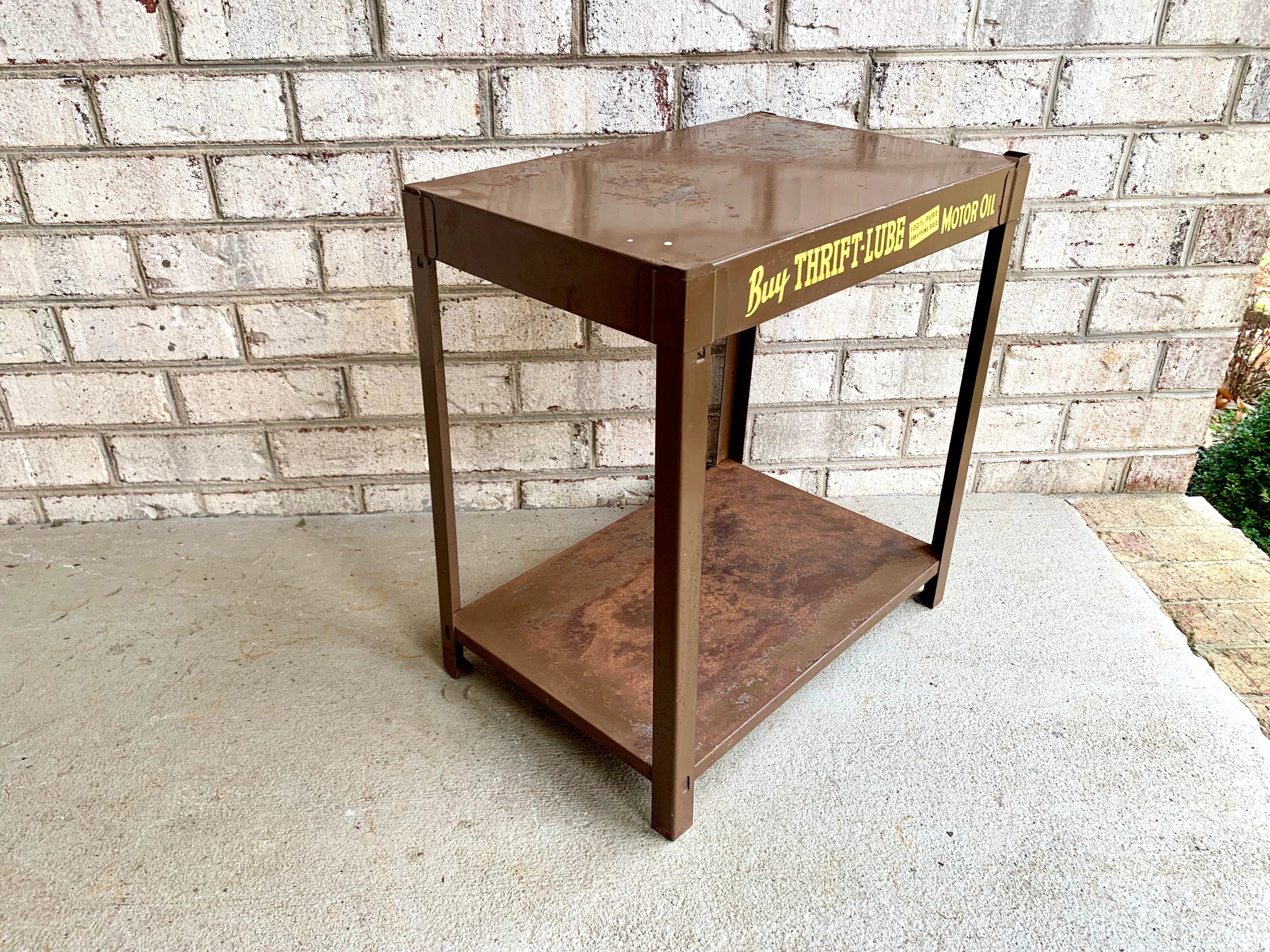 Metal Oil Advertisement Stand | Vintage Metal Thrift Oil Display Stand | Rustic Brown Oil Display Stand | Gas Station Oil Display