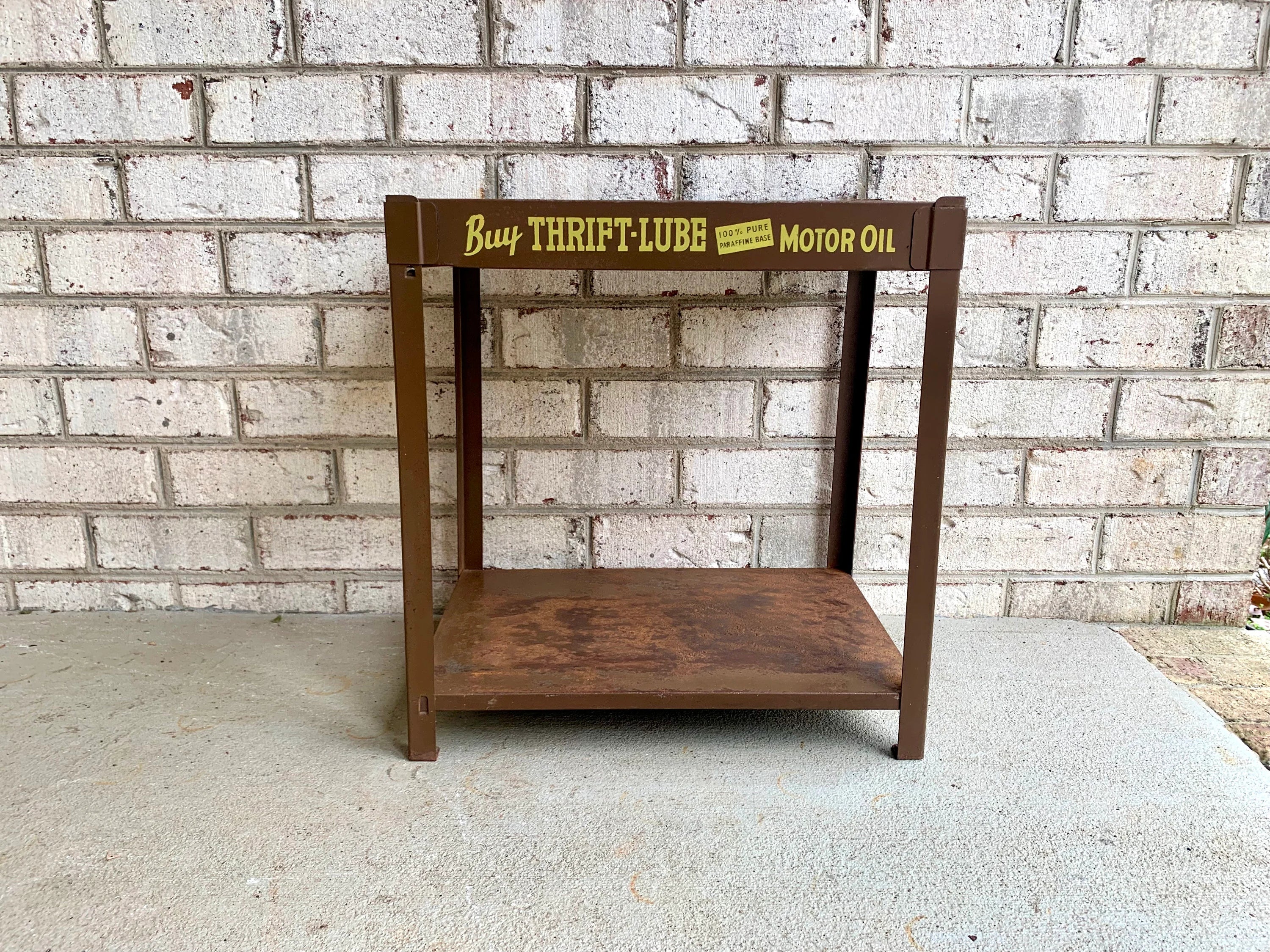 Metal Oil Advertisement Stand | Vintage Metal Thrift Oil Display Stand | Rustic Brown Oil Display Stand | Gas Station Oil Display