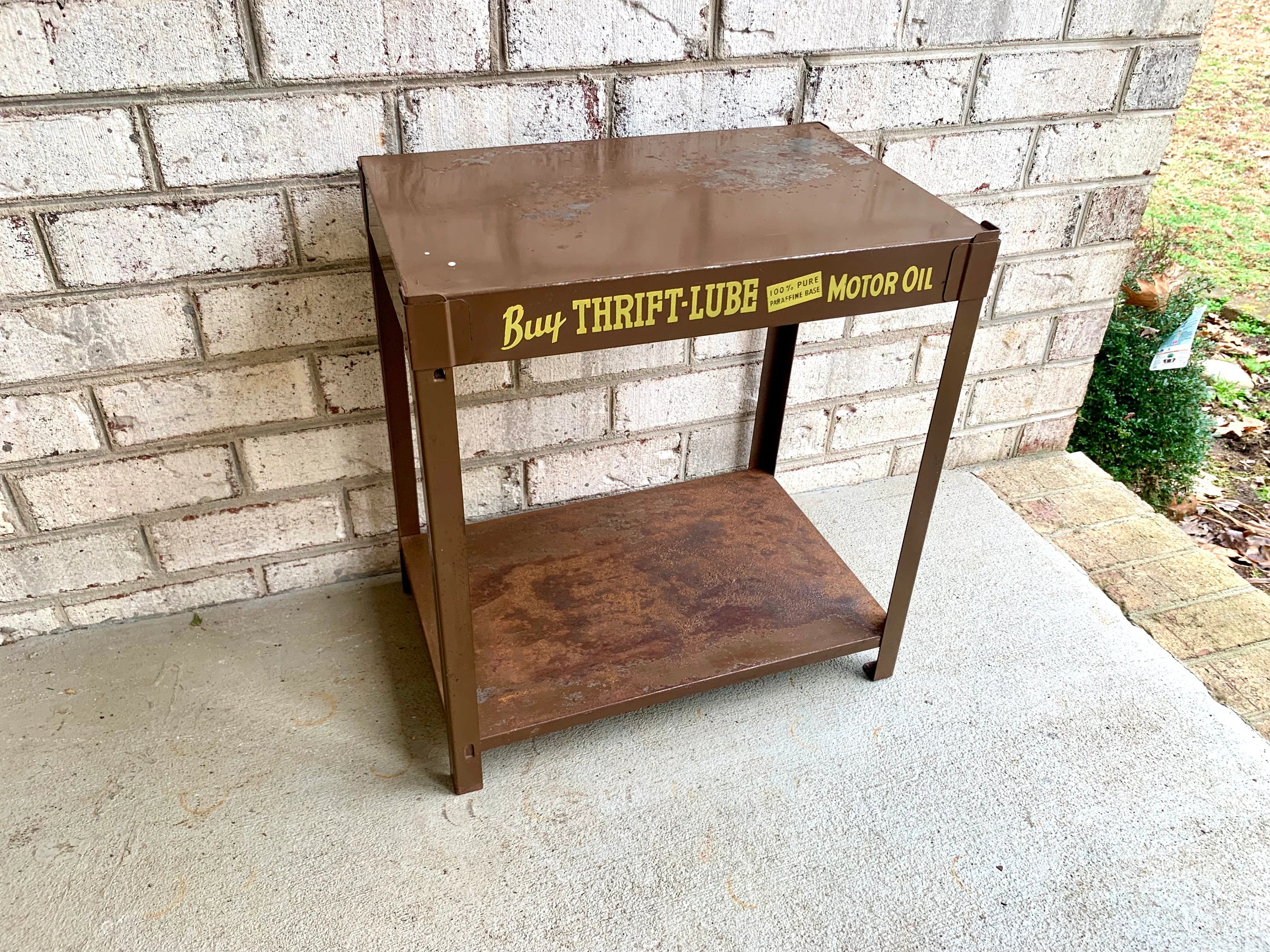 Metal Oil Advertisement Stand | Vintage Metal Thrift Oil Display Stand | Rustic Brown Oil Display Stand | Gas Station Oil Display