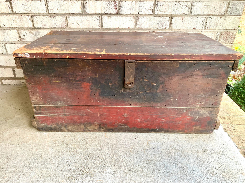 Antique Wood Carpenter's Tool Chest | Distressed Wood Tool Trunk | Rustic Red Wood Box | Rustic Coffee Table | Rustic Storage | Rustic Decor