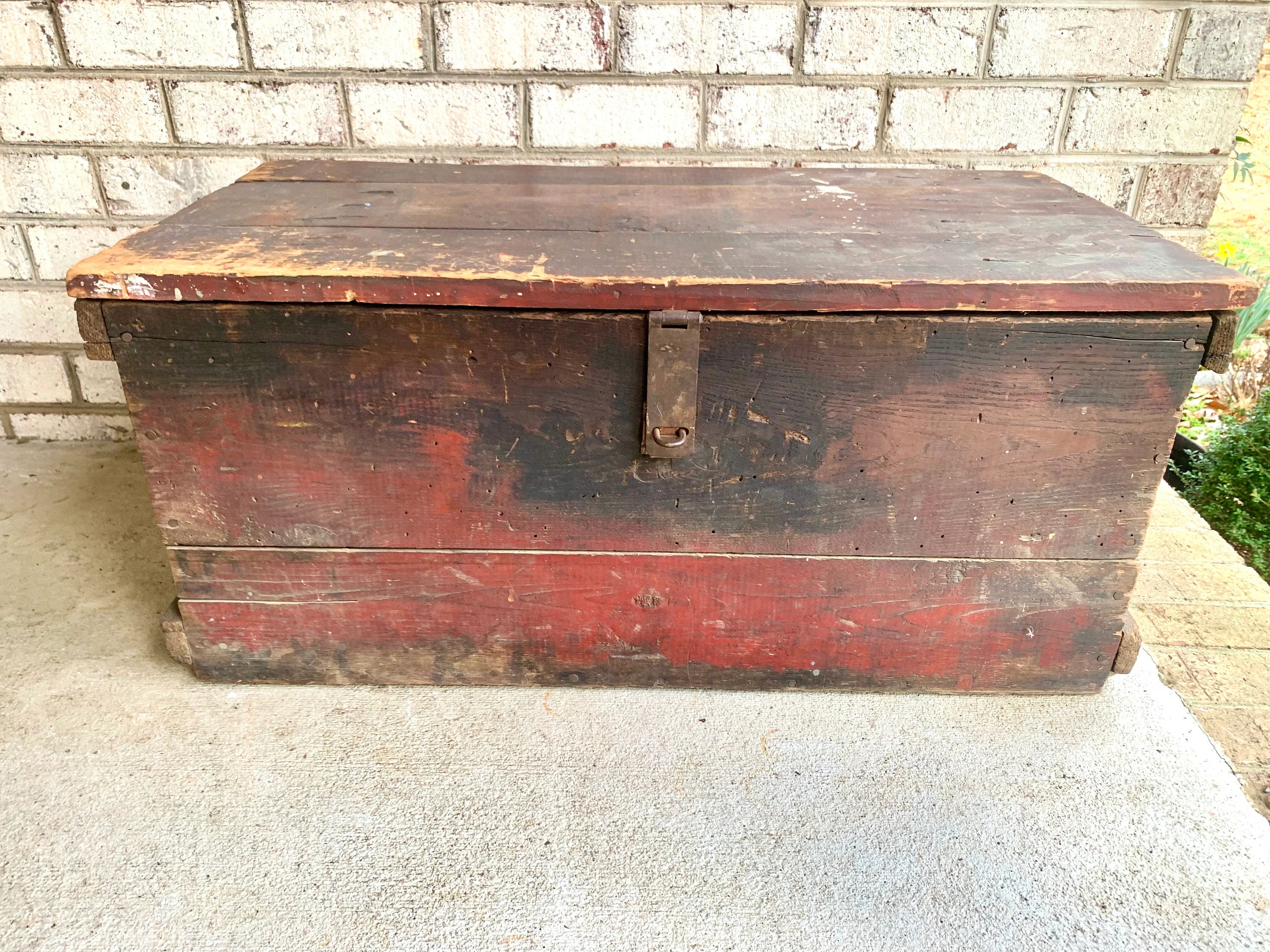 Antique Wood Carpenter's Tool Chest | Distressed Wood Tool Trunk | Rustic Red Wood Box | Rustic Coffee Table | Rustic Storage | Rustic Decor