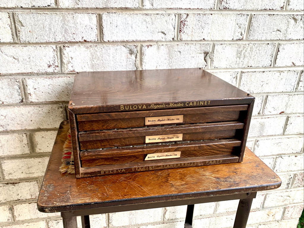 Bulova Repair-Master Cabinet With Contents | Vintage 3 Drawer Bulova Watch Repair Parts and Cabinet | Faux Woodgrain Bulova Parts Cabinet