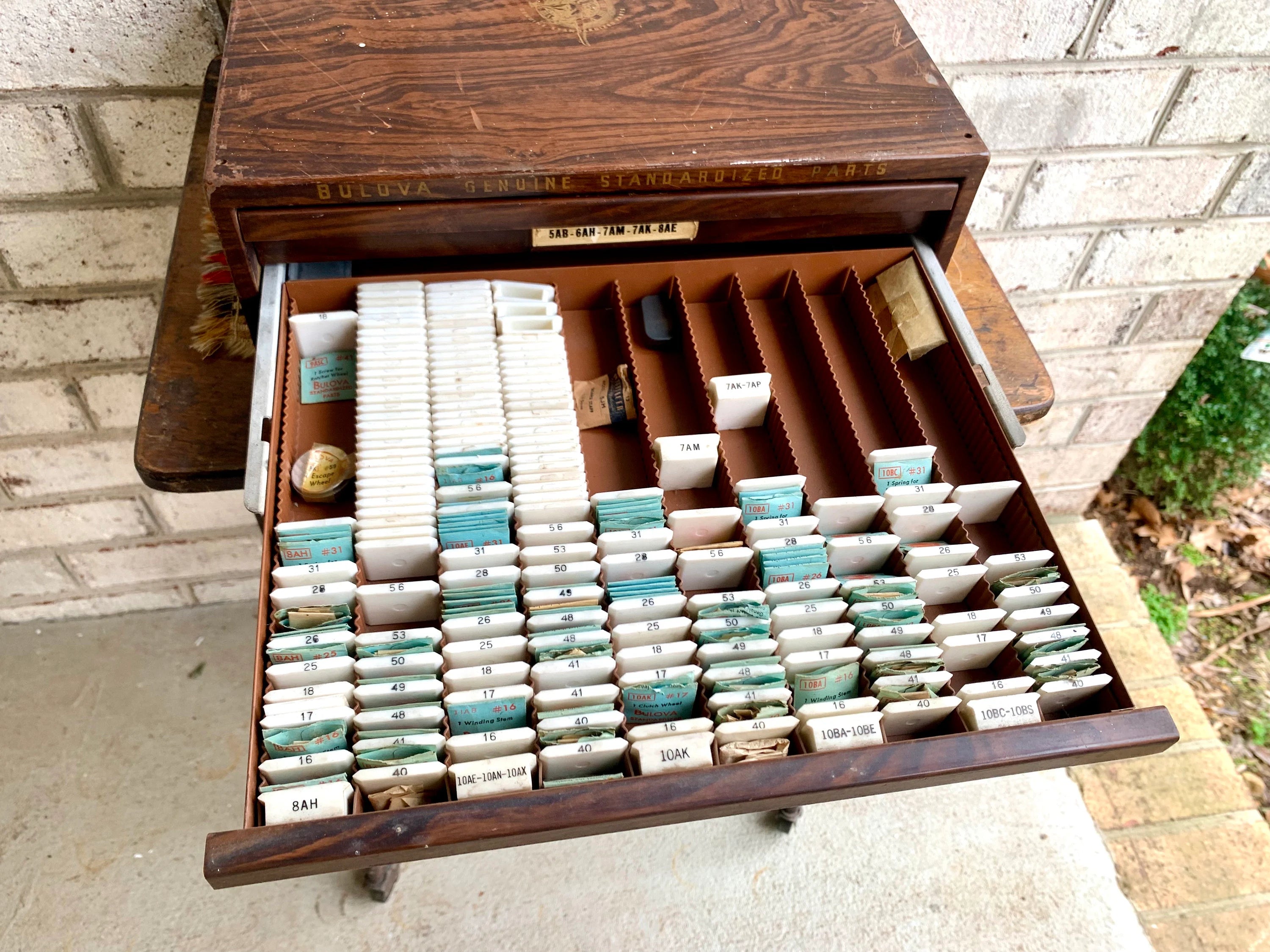 Bulova Repair-Master Cabinet With Contents | Vintage 2 Drawer Bulova Watch Repair Parts and Cabinet | Faux Woodgrain Bulova Parts Cabinet